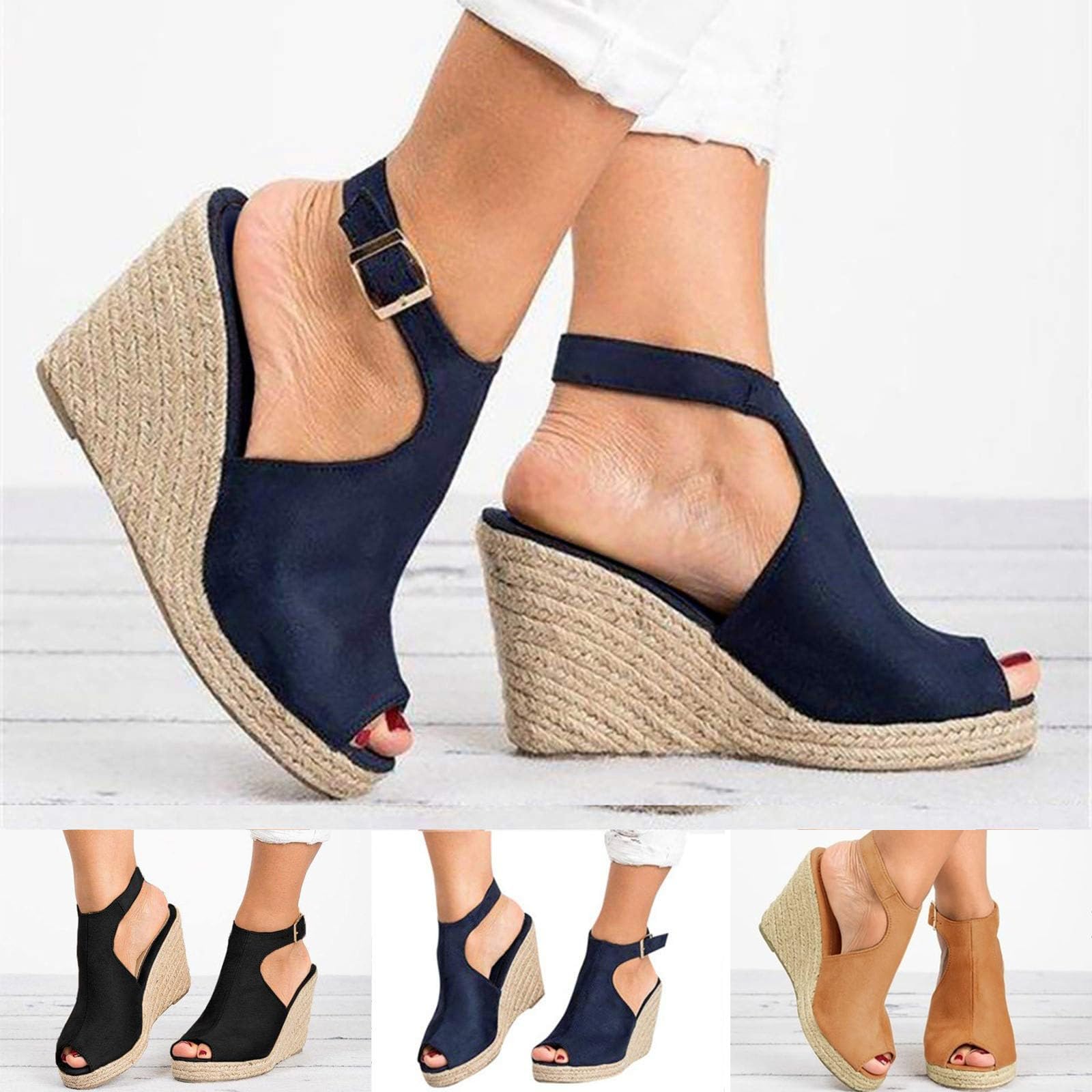 XHLEMON Women's Summer Peep Toe Wedge Sandals - Ankle Strap Espadrille Platform Slingback Shoes for Beach, Vacation & Casual Outfits