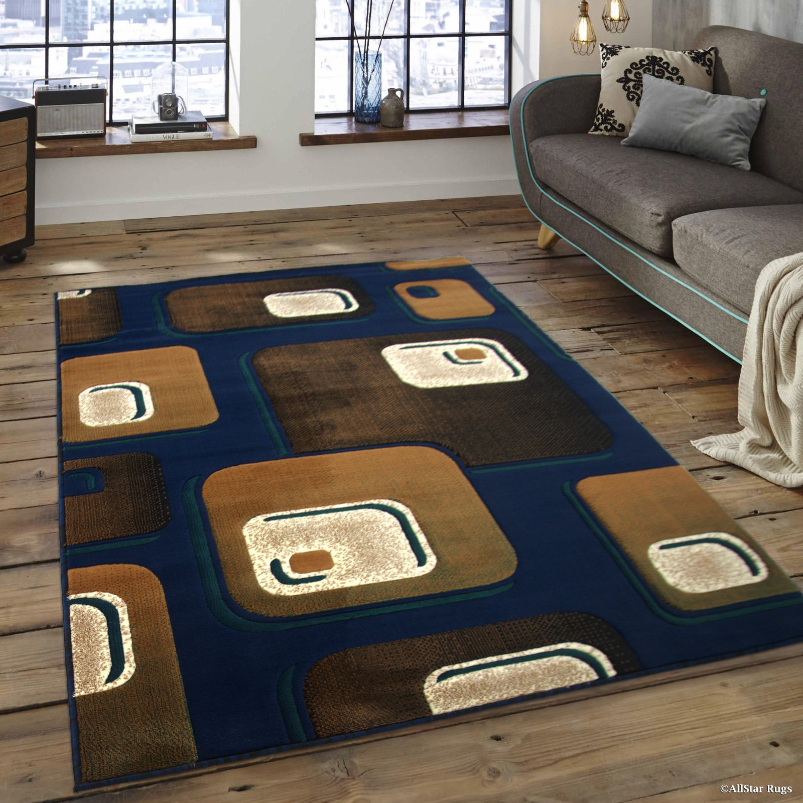 Allstar 5x7 Navy Blue & Mocha Modern Machine Carved Rectangular Accent Rug with Ivory Geometric Design - 5'2