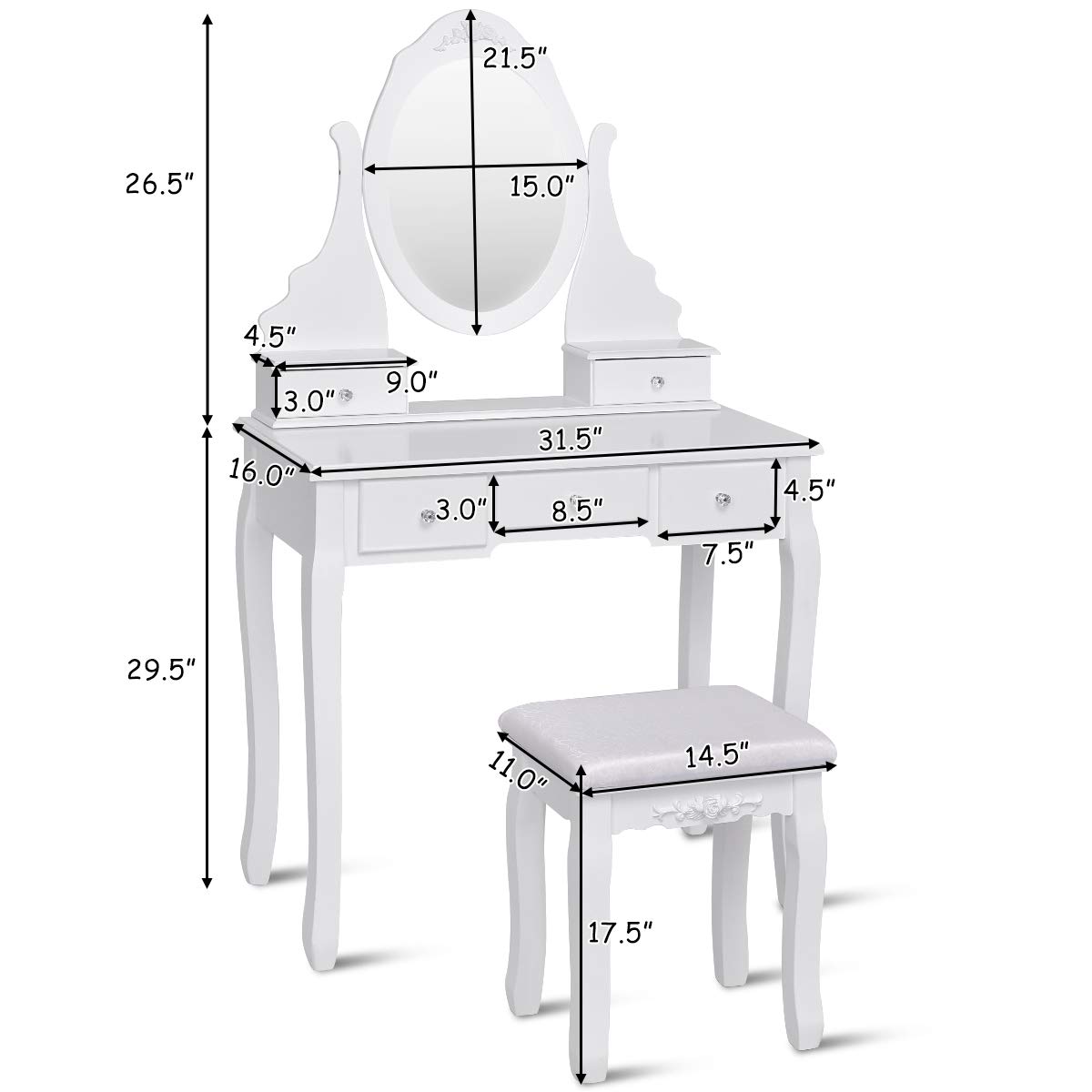 Giantex White Vanity Set with Oval Mirror & Cushioned Stool - 5-Drawer Makeup Dressing Table with Large Storage, Mirrored Bedroom Vanity for Women, Girls & Kids - Easy Assembly for Home, Bedroom & Beauty Room Decor