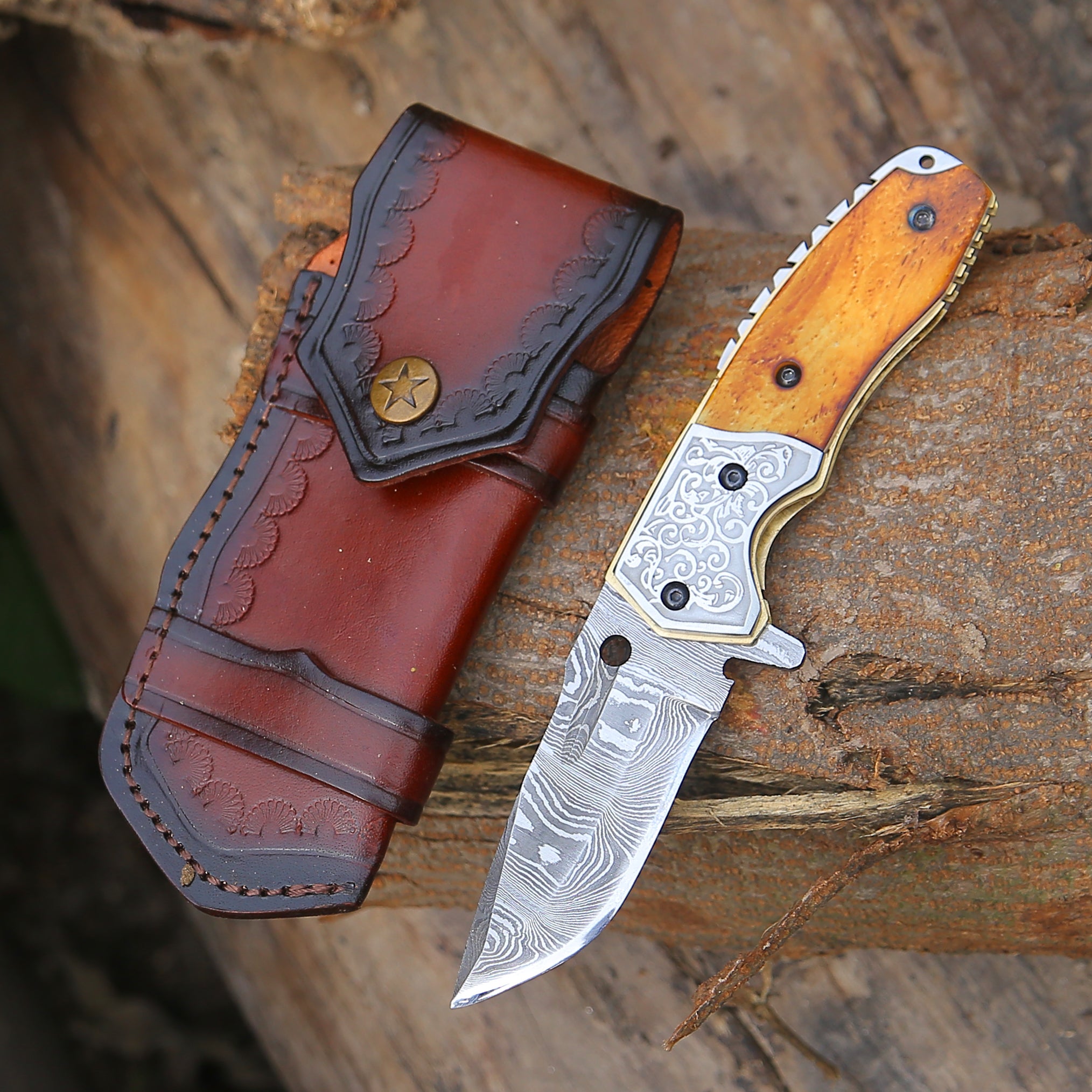 Premium Damascus Steel Pocket Knife with Charred Bone Handle - Tactical EDC, Outdoor Survival, Camping & Hunting Gear
