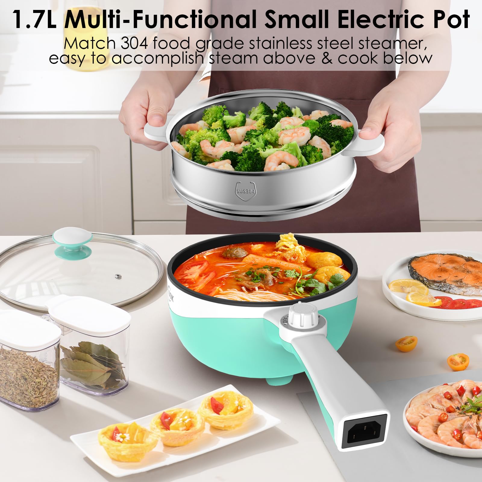 Audecook 1.7L Electric Hot Pot & Portable Skillet - Nonstick Mini Cooker with Adjustable Temperature for Noodles, Soup, Steak, Eggs & Oatmeal | Perfect for Dorm, Office, Travel & Small Kitchen Cooking