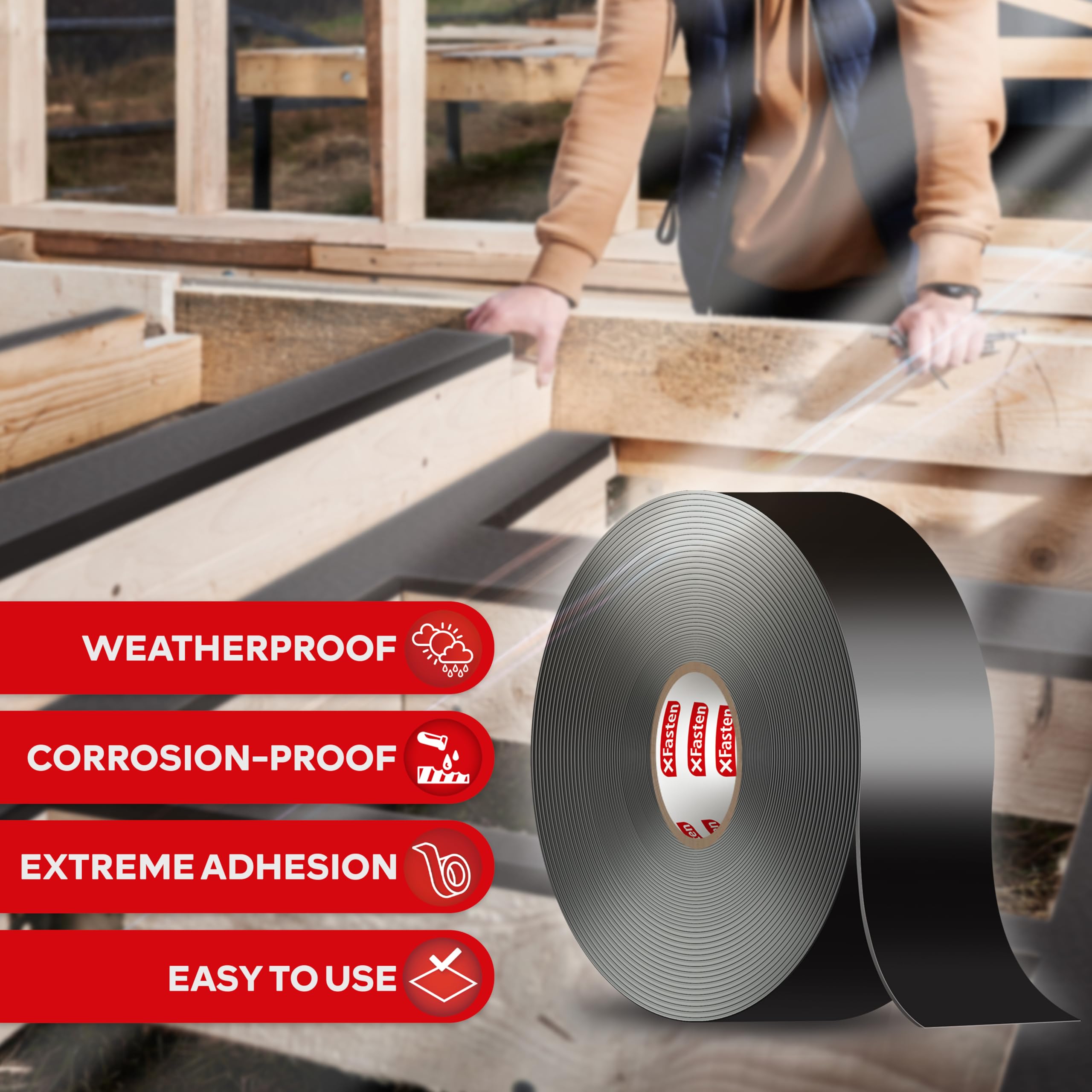 XFasten 2 Inch x 50 Feet Butyl Joist Tape (24-Pack) - Waterproof Deck Flashing Tape for Roofing, Decking & Construction | Professional Sealant for Waterproofing & Protection - Black