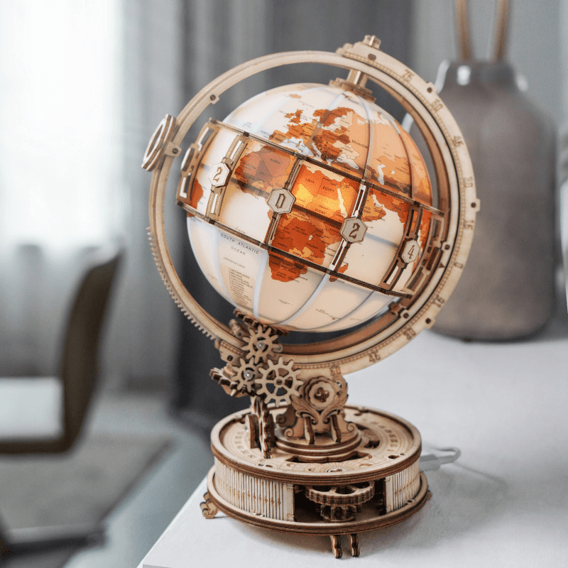 3D Wooden Illuminated Gold Globe - Decorative World Map for Home Office Decor, Gift & Night Light