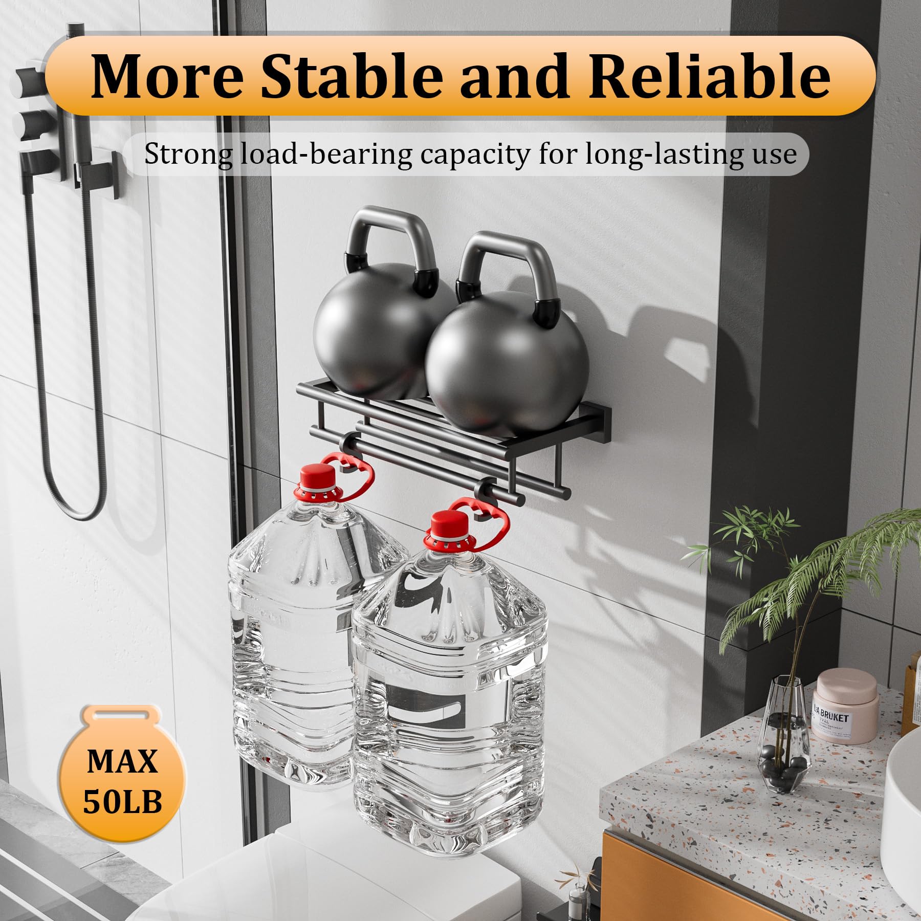 Stainless Steel Towel Rack - 16 Inch Double Towel Bar Holder with Shelf for Bathroom, Lavatory & Kitchen - SUS 304 Wall Mount Hanger in Matte Black - Perfect for Spa, Gym & Home Decor
