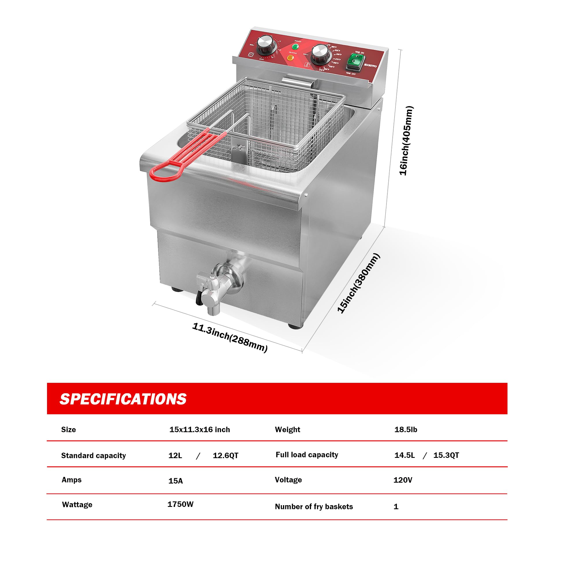 12L Large Commercial Electric Deep Fryer with Oil Drain, Timer, Basket & Lid - Stainless Steel Countertop Fryer for Restaurant & Home Kitchen (120V 1750W) - Perfect for Frying Chicken, Fish, French Fries & More