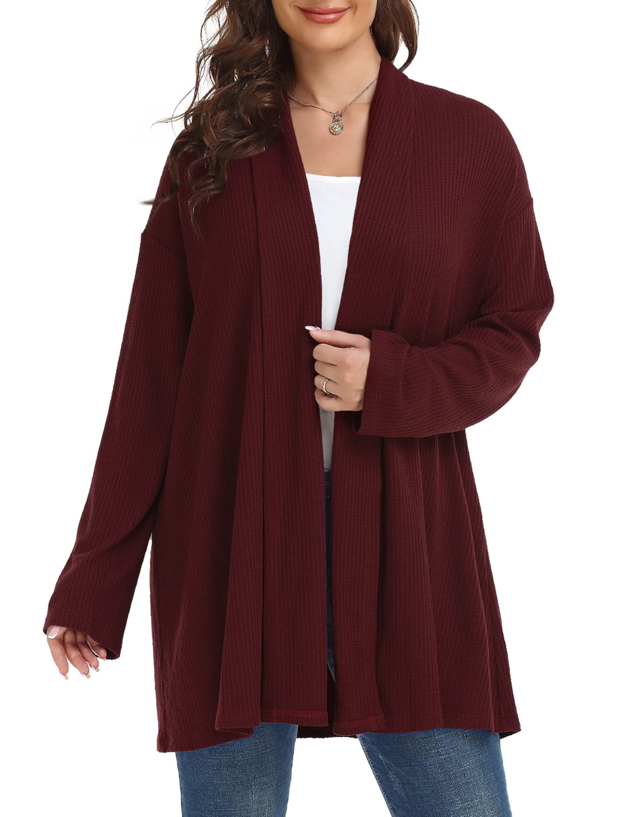 MONNURO Plus Size Women's Open Front Lightweight Waffle Knit Cardigan - Long Sleeve Casual Sweater for Fall & Winter | Perfect for Office, Travel & Everyday Wear