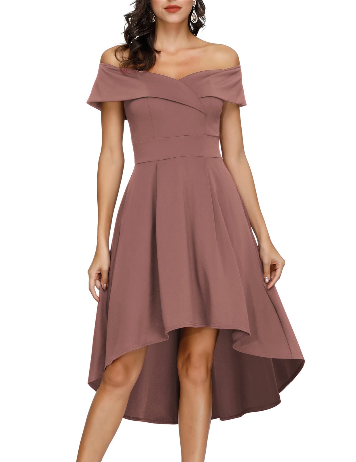JASAMBAC Women's Off Shoulder High Low A-Line Cocktail Dress for Wedding Guest, Party, Prom & Special Occasions - Elegant Evening Gown with Flowy Skirt for Date Night, Bridesmaid & Formal Events