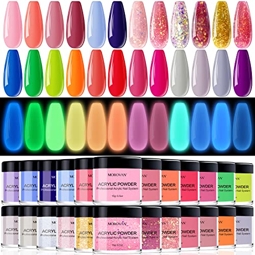 Morovan 24 Colors Acrylic Nail Powder Set - Professional Glow in Dark & Solid Color Polymer Powder for Nail Extensions, Sculpting & Art | Perfect for Salon, Home Manicure & Nail Art Designs