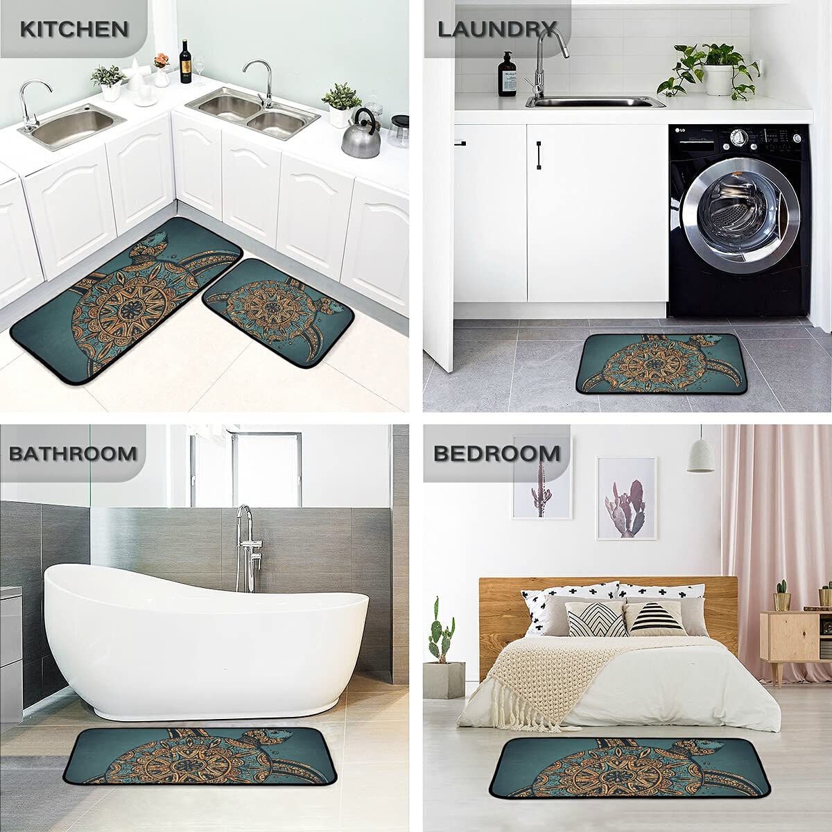 Non-Slip Washable 2-Piece Doodle Turtle Oriental Kitchen Rugs Set - Anti-Skid Floor Mats for Kitchen, Living Room, Dining Area - Perfect Home Decor for Asian-Themed Spaces