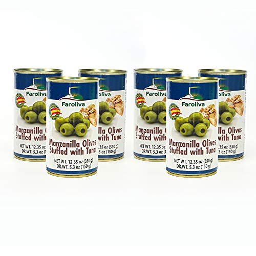 Faroliva Manzanilla Olives Stuffed with Tuna - 12.35 oz (350g) - 6 Pack - Perfect for Salads, Charcuterie Boards & Tapas Parties