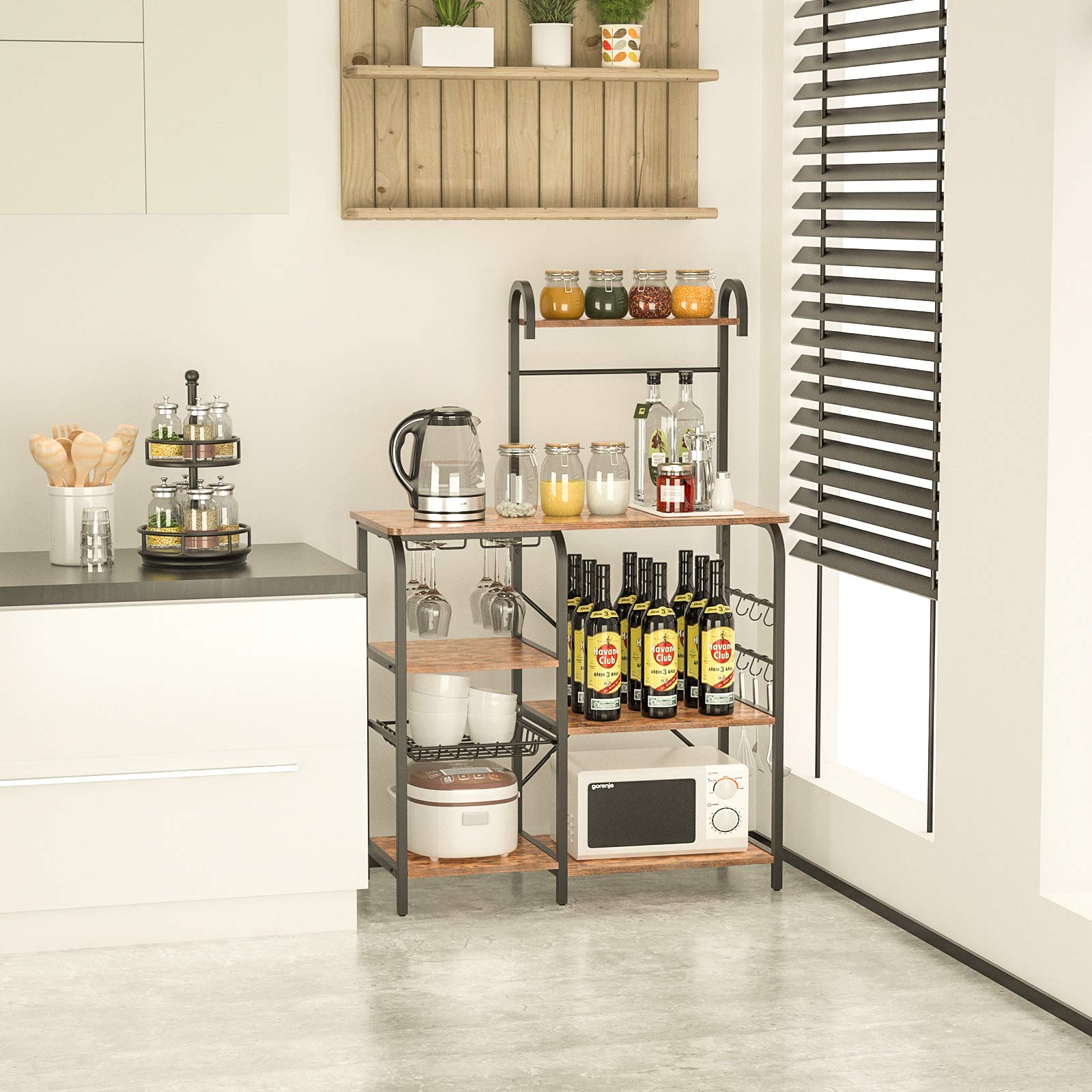 Sturdy Microwave Shelf Rack with 6 S-Hooks & Pull-Out Mesh Basket - 6-Tier Space Saving Storage Organizer for Kitchen, Office, Bathroom (Brown) | Perfect for Small Appliances, Spice Jars & Kitchen Utensils Organization