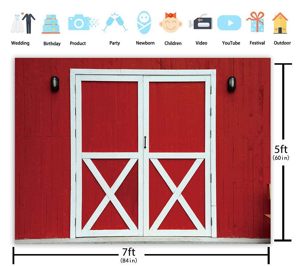 Red Barn Door Backdrop - Western Rustic Farm Wooden Door Wall Photography Background for BBQ Party, Newborn Baby Shower, Cowboy Girl Birthday Decor - 7x5FT - Perfect for Western Themed Events, Rustic Weddings, and Country Style Photo Shoots