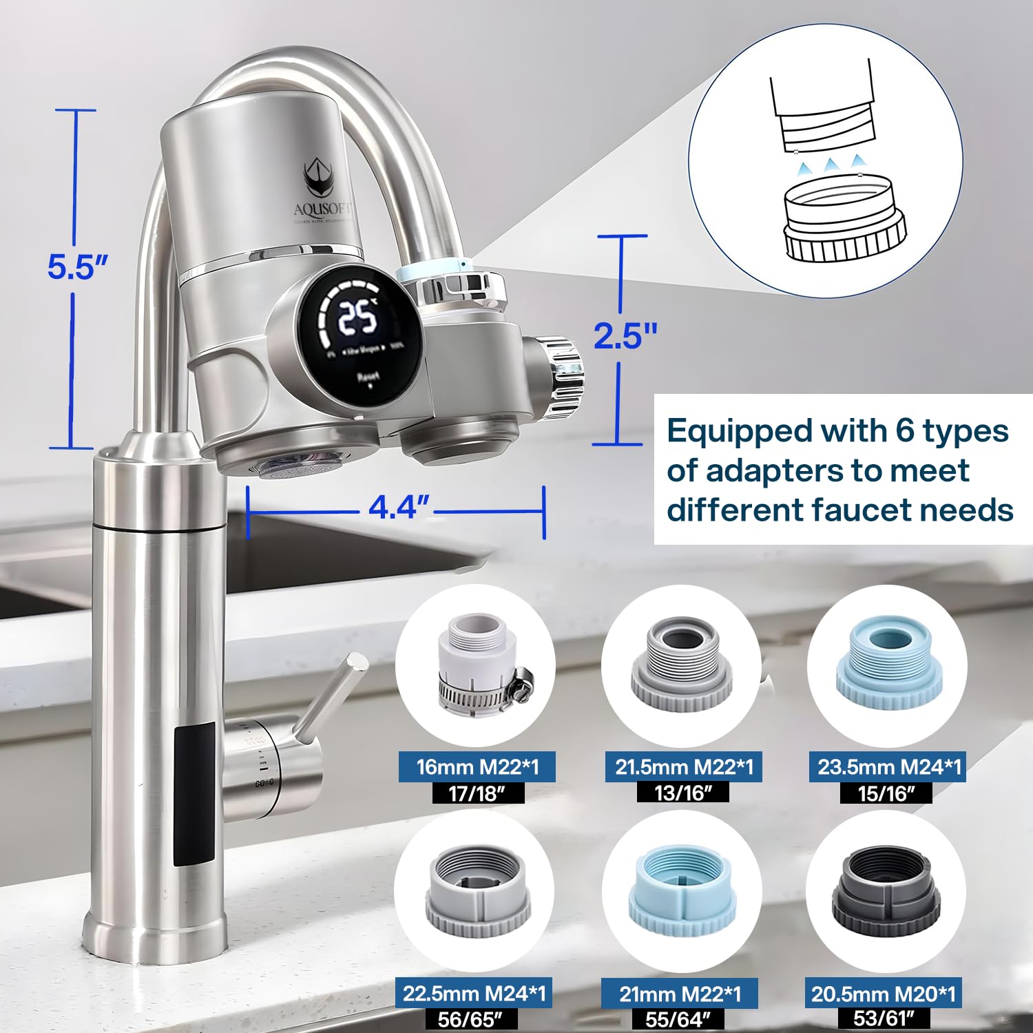 AQUSOFT Faucet Mount Water Filter with LED Indicator - 99% Filtration, Removes Impurities, Fits Standard Faucets | Includes 1 New 2.0 Filter Element | Perfect for Kitchen Sink, RV, Camping & Emergency Water Purification