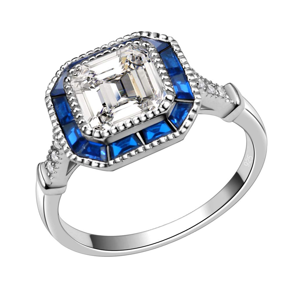 Lavencious Royal Halo Clear & Blue Spinel Cubic Zirconia Engagement Ring - 925 Sterling Silver Size 5-10 for Women, Wedding, Proposal, Anniversary Gift
