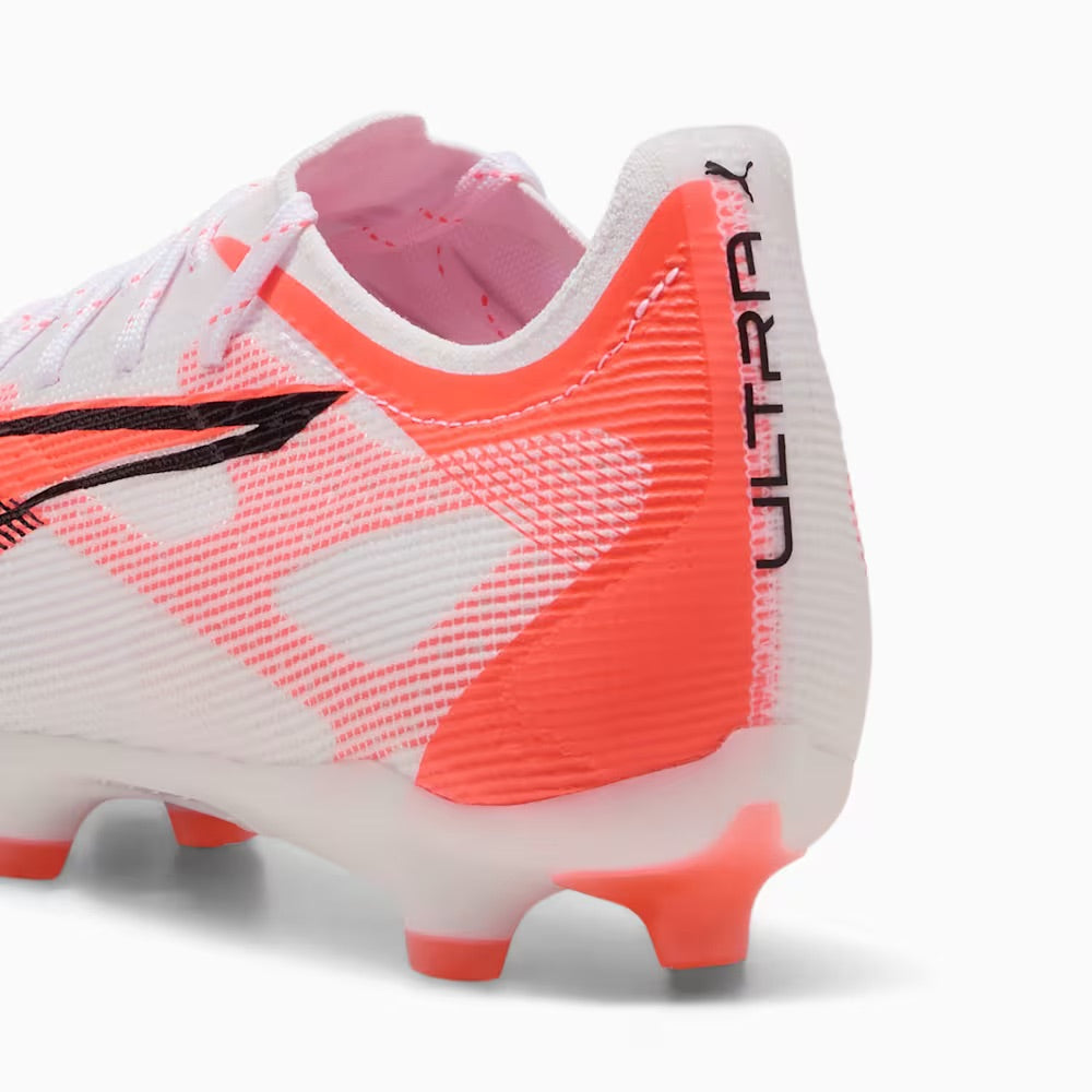 Puma Ultra 5 Pro FG/AG Soccer Cleats for Men - Lightweight Football Boots in White/Black/Glowing Red - Perfect for Artificial Grass & Firm Ground - Ideal for Competitive Matches & Training Sessions
