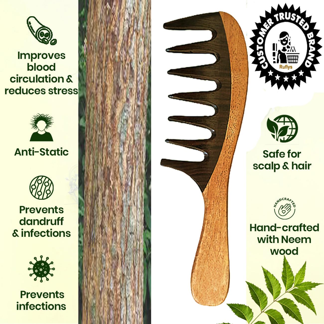 Rufiys Wide Tooth Neem Wooden Comb for Curly Hair - Anti-Dandruff, Hair Growth & Detangling Comb for Women - Perfect for Daily Hair Care, Scalp Massage & Reducing Hair Fall