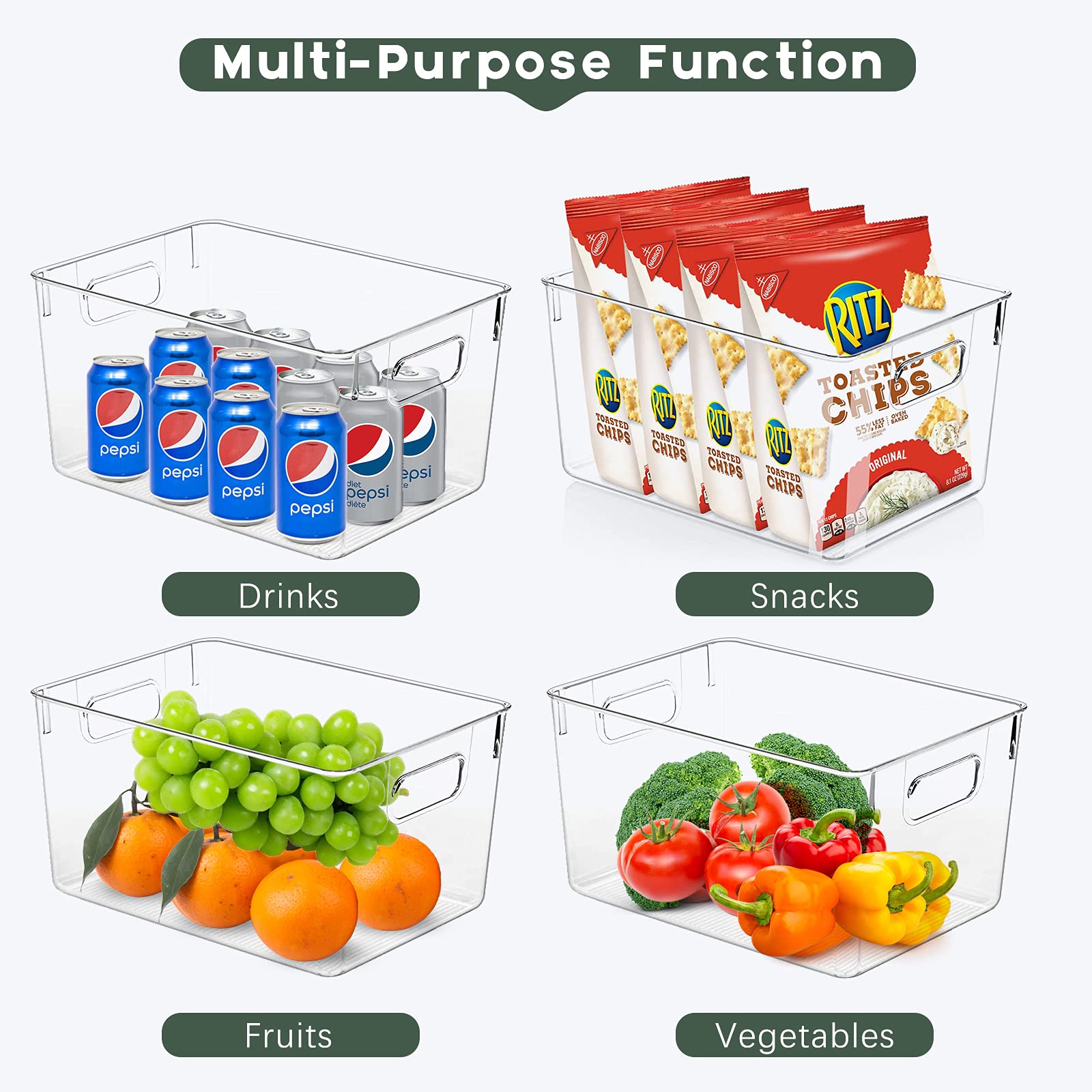 4 Pack Clear Plastic Storage Bins - Kitchen Organizers for Fridge, Pantry & Cabinet | Countertop & Bathroom Storage Containers | Perfect for Food, Spices, Toiletries & Home Organization