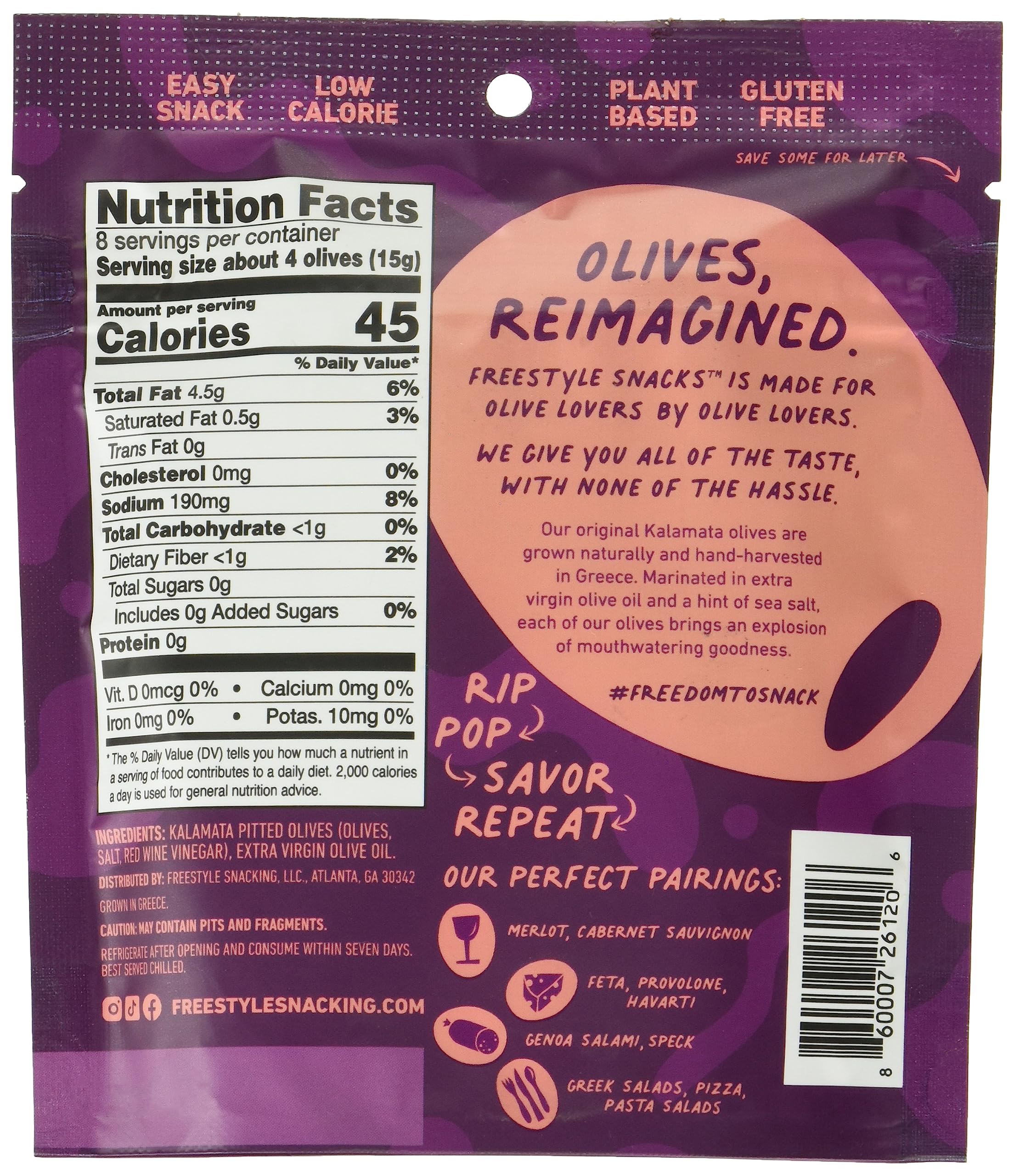 Organic Kalamata Olives 4 oz | Freestyle Snacks | Extra Virgin, Vegan, Gluten-Free | Perfect for Salads, Charcuterie Boards & Mediterranean Recipes