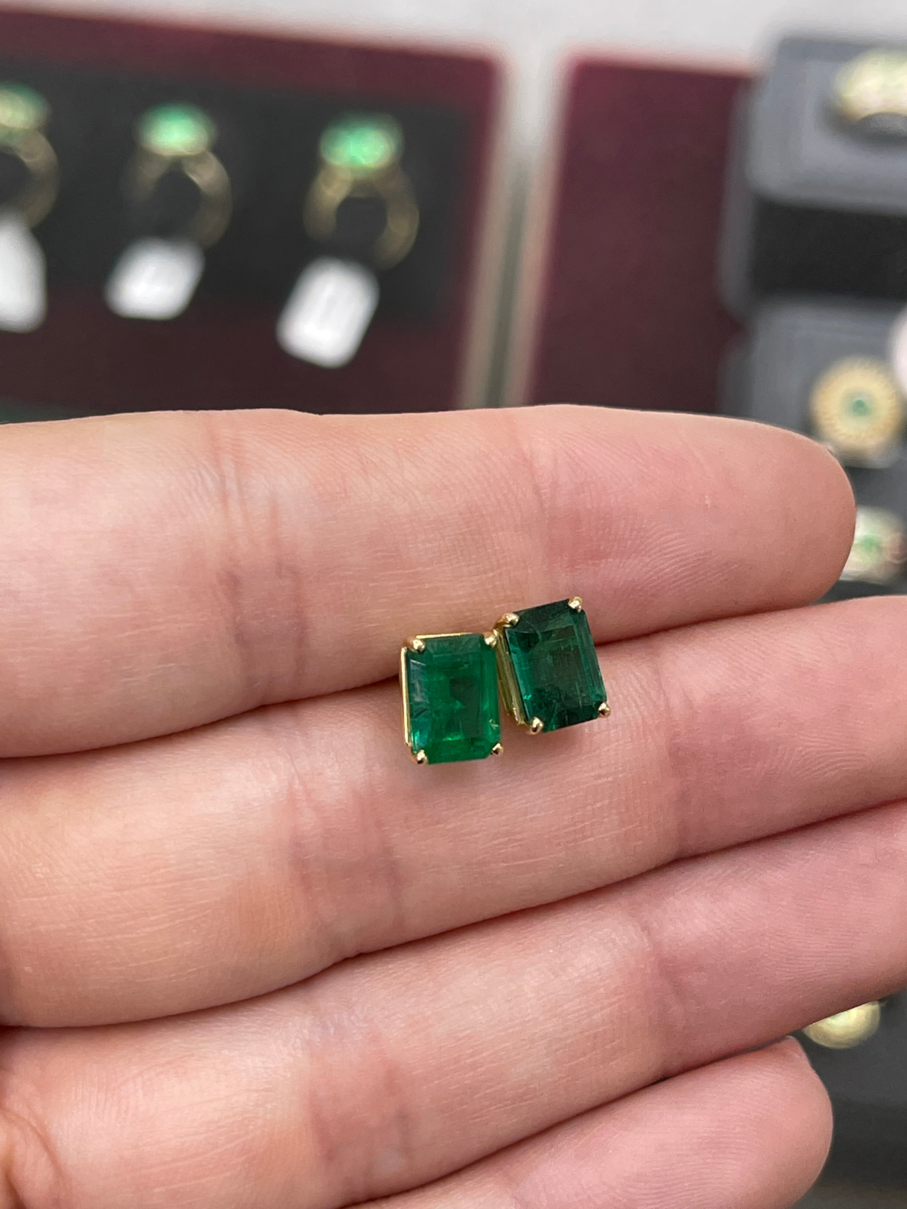 AAA 5.0TCW Vivid Dark Forest Green Emerald Cut Solitaire Stud Earrings in Solid 18K Gold - Perfect for Weddings, Parties & Special Occasions