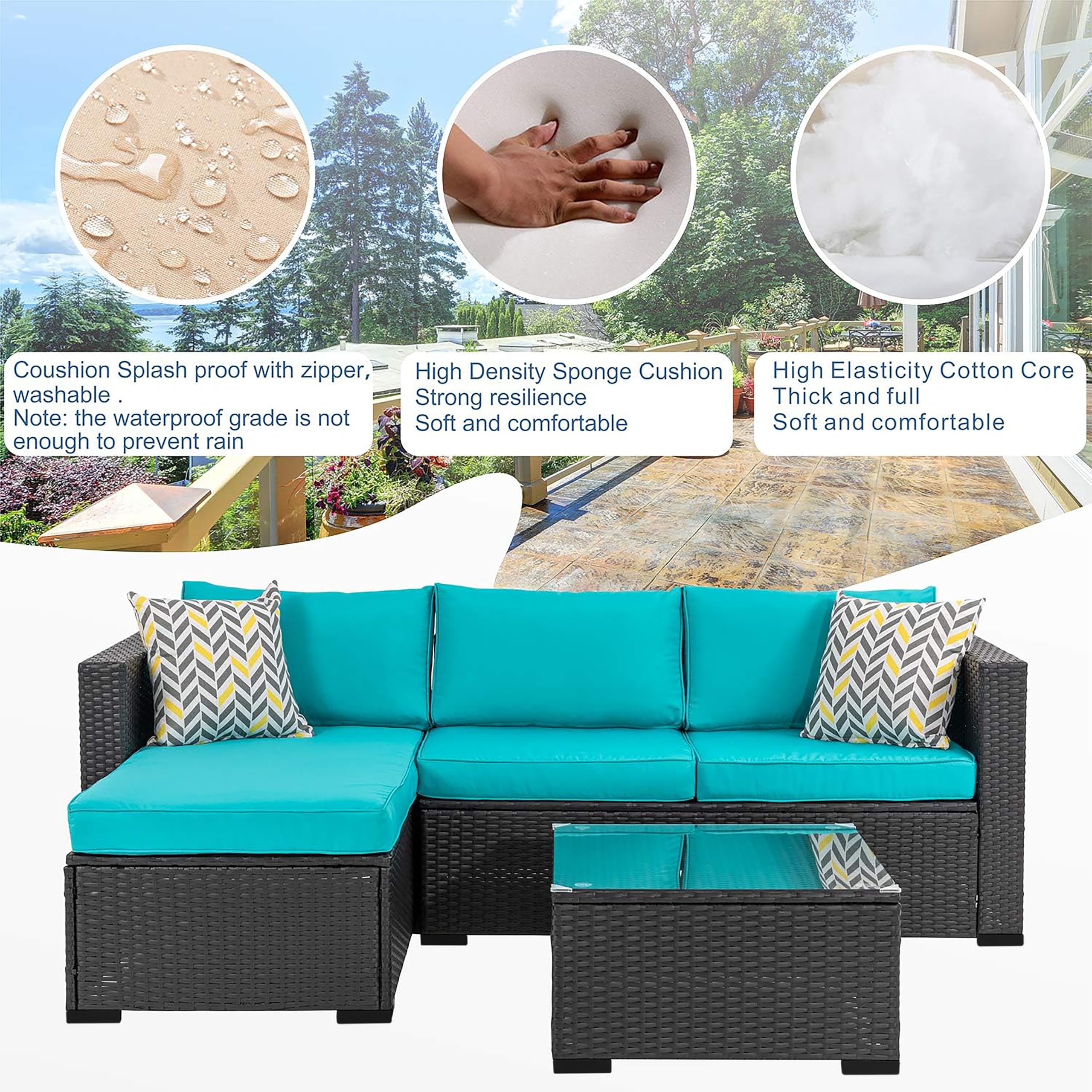 Shintenchi 3-Piece Outdoor Wicker Patio Sofa Set - All-Weather Rattan Sectional with Chaise Lounge, Glass Coffee Table & Washable Blue Cushions - Perfect for Backyard, Garden, Poolside or Balcony Relaxation
