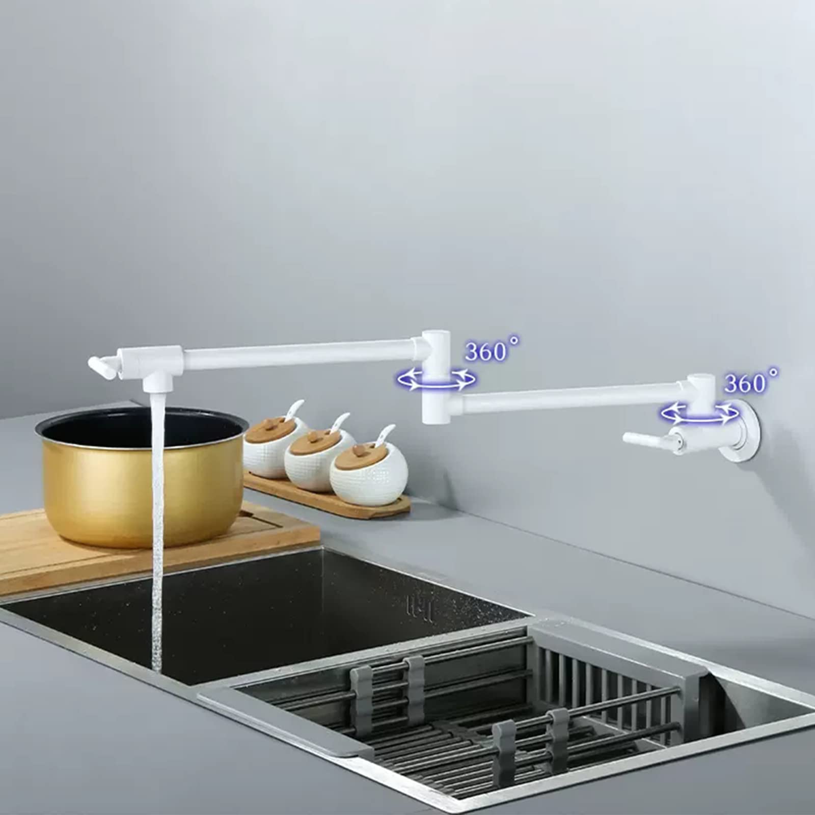 Brass Wall Mount Pot Filler Faucet - Single Hole Two Handle Swing Arm Kitchen Faucet with Double Joint Folding Design | Perfect for Soup Pots, Pasta Cooking & Large Batch Meal Prep