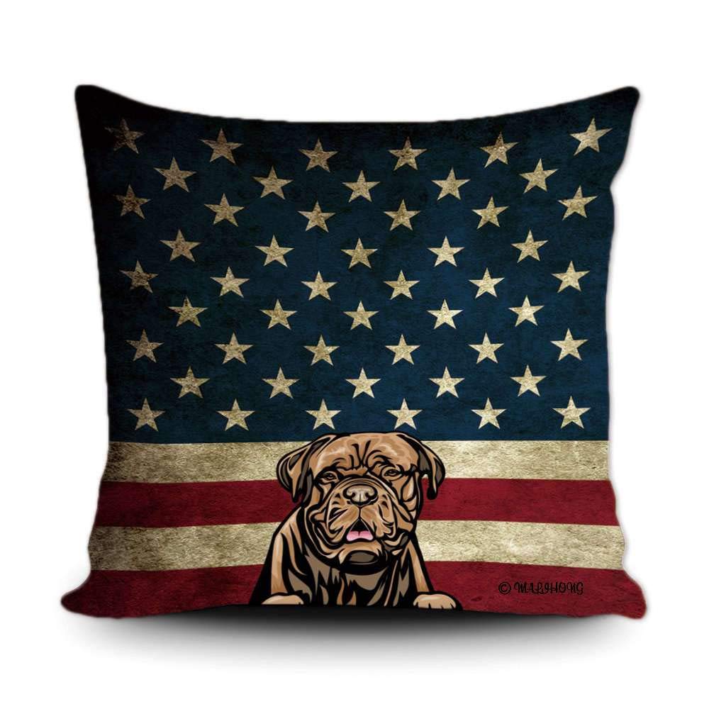 Peeking Dogue De Bordeaux Dog Throw Pillow Cover - 18x18 Inch Patriotic USA Flag Design for Sofa, Bed & Home Decor | Perfect for Living Room, Nursery & Pet Lover Gifts