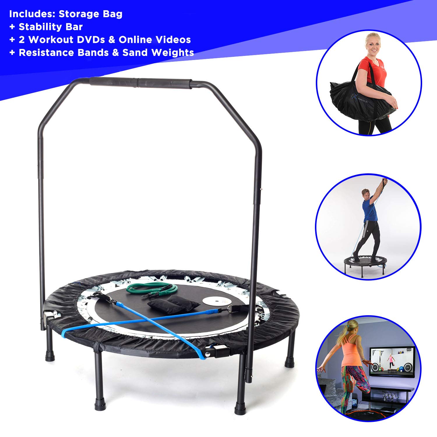 Maximus PRO Folding Rebounder Trampoline for Adults - #1 Rated Indoor Exercise Equipment with Stability Bar | Fitness, Weight Loss & Cardio Workouts | Includes Free Storage Bag, Resistance Bands & Online/DVD Workouts | Pre-Assembled | Perfect for Home Gym, Small Spaces & Low-Impact Training