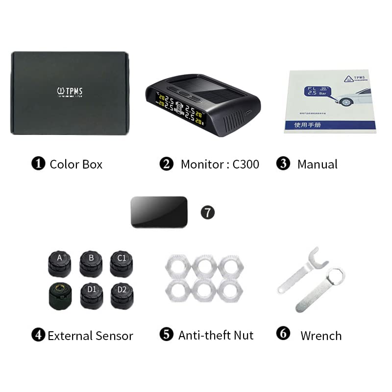 3T6B RV Tire Pressure Monitoring System with 6 Sensors - Solar & USB Charging, 5 Alarm Modes, LCD Display for Real-Time Pressure/Temperature (0-116psi) - Perfect for Motorhomes, Trailers & Campers