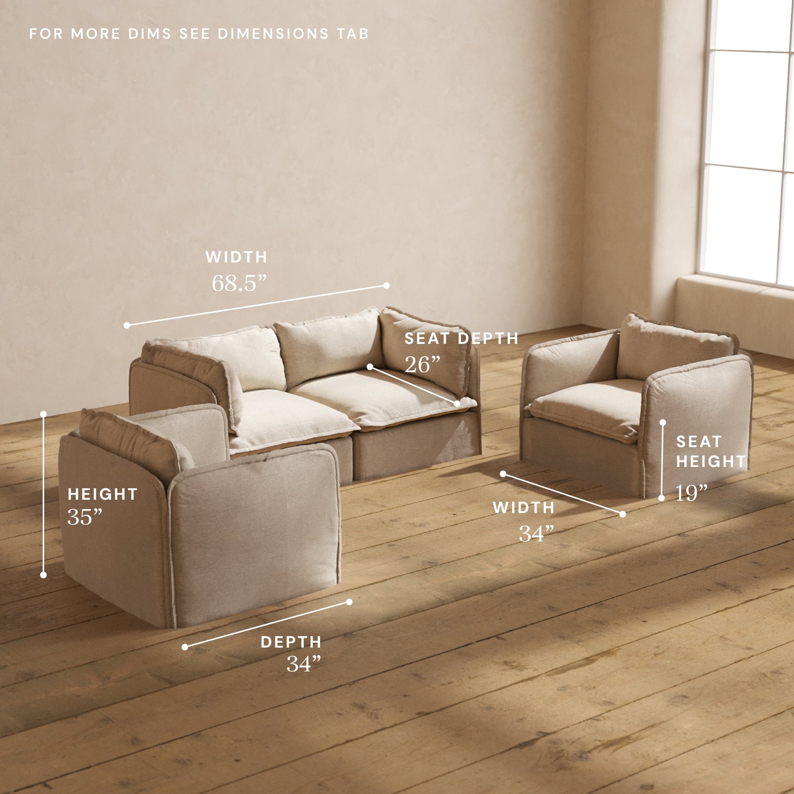 Modular Performance 2 Seater Sofa with Armchair Set in Oat Beige Fabric | Modern Living Room Furniture for Small Spaces | Perfect for Apartments, Condos and Cozy Home Decor