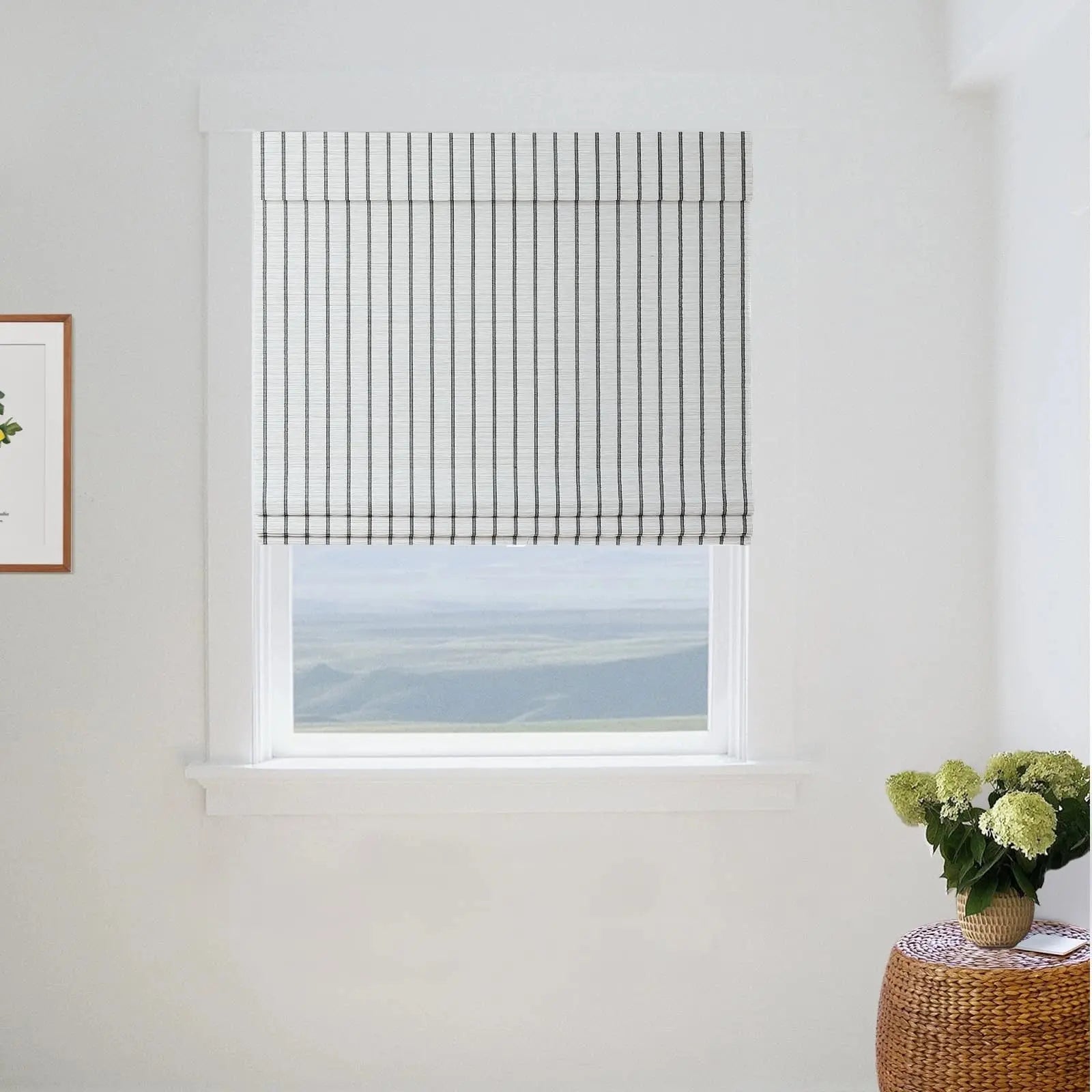 Natural Bamboo Woven Window Shade - Blue & White Handmade Eco-Friendly Roller Blind for Living Room, Bedroom & Office Decor