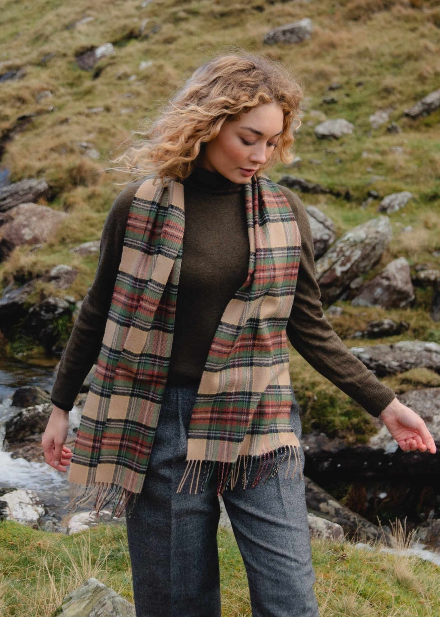 John Hanly Merino Wool Scarf - Green, Brown, Charcoal & Camel Check Plaid - Warm Winter Accessory for Men & Women | Perfect for Outdoor Activities, Travel & Casual Wear