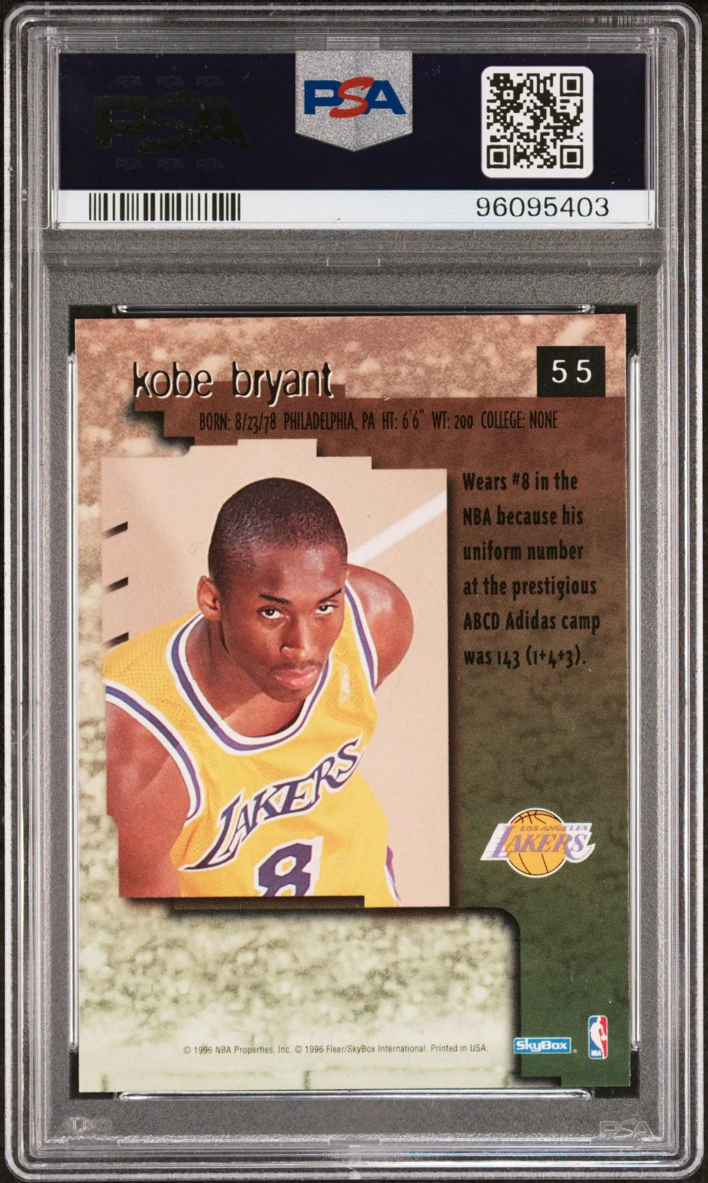 1996 Skybox Premium Kobe Bryant Rookie Card #55 PSA 7 - Perfect for Basketball Memorabilia Collectors and NBA Fans Display