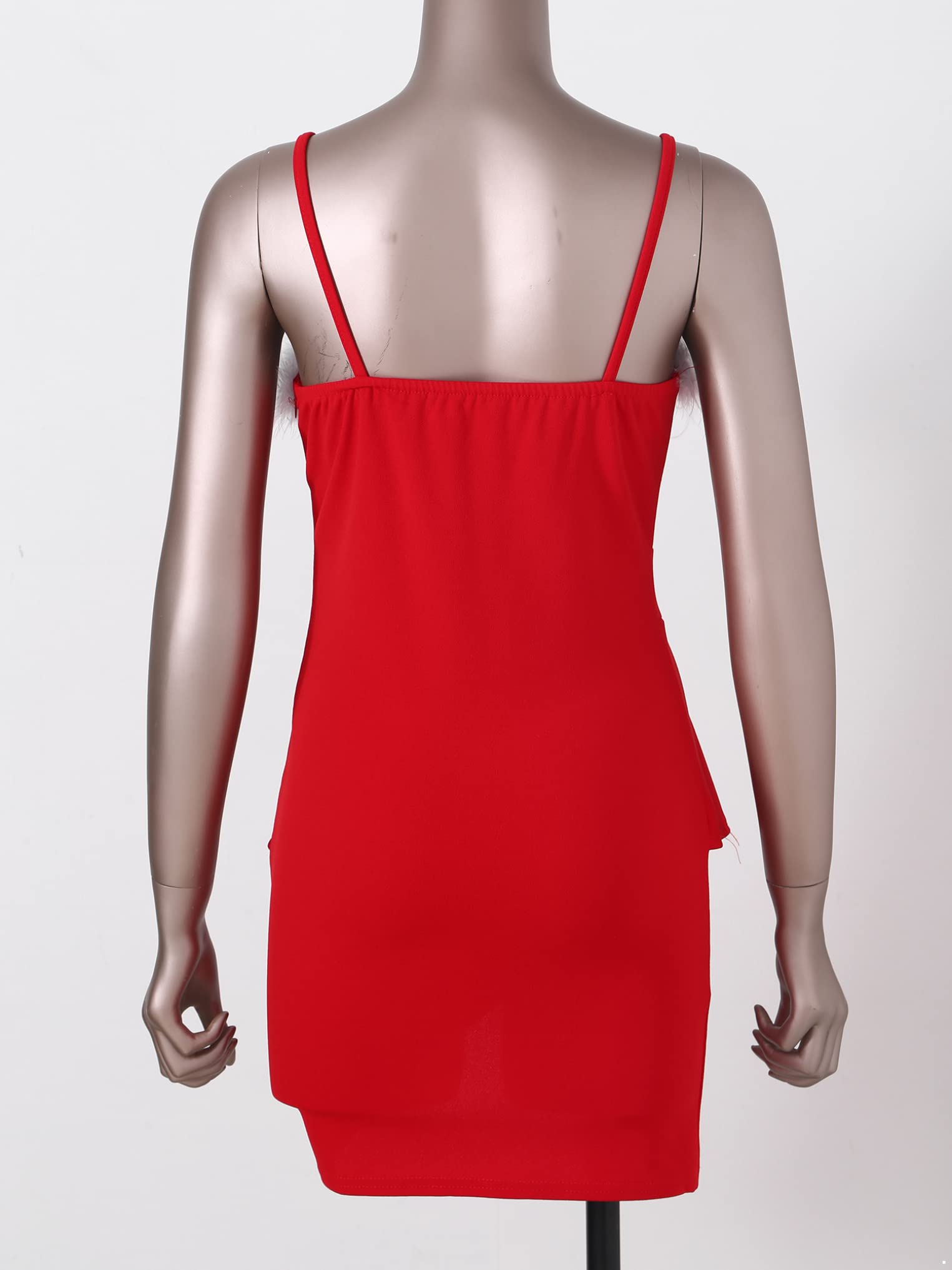 Women's Faux Fur Trim Bodycon Dress - Sexy Spaghetti Strap Ruffle Mini Dress for Party, Club, Night Out, Date Night & Special Occasions | Perfect for Christmas, New Year's Eve & Cocktail Events