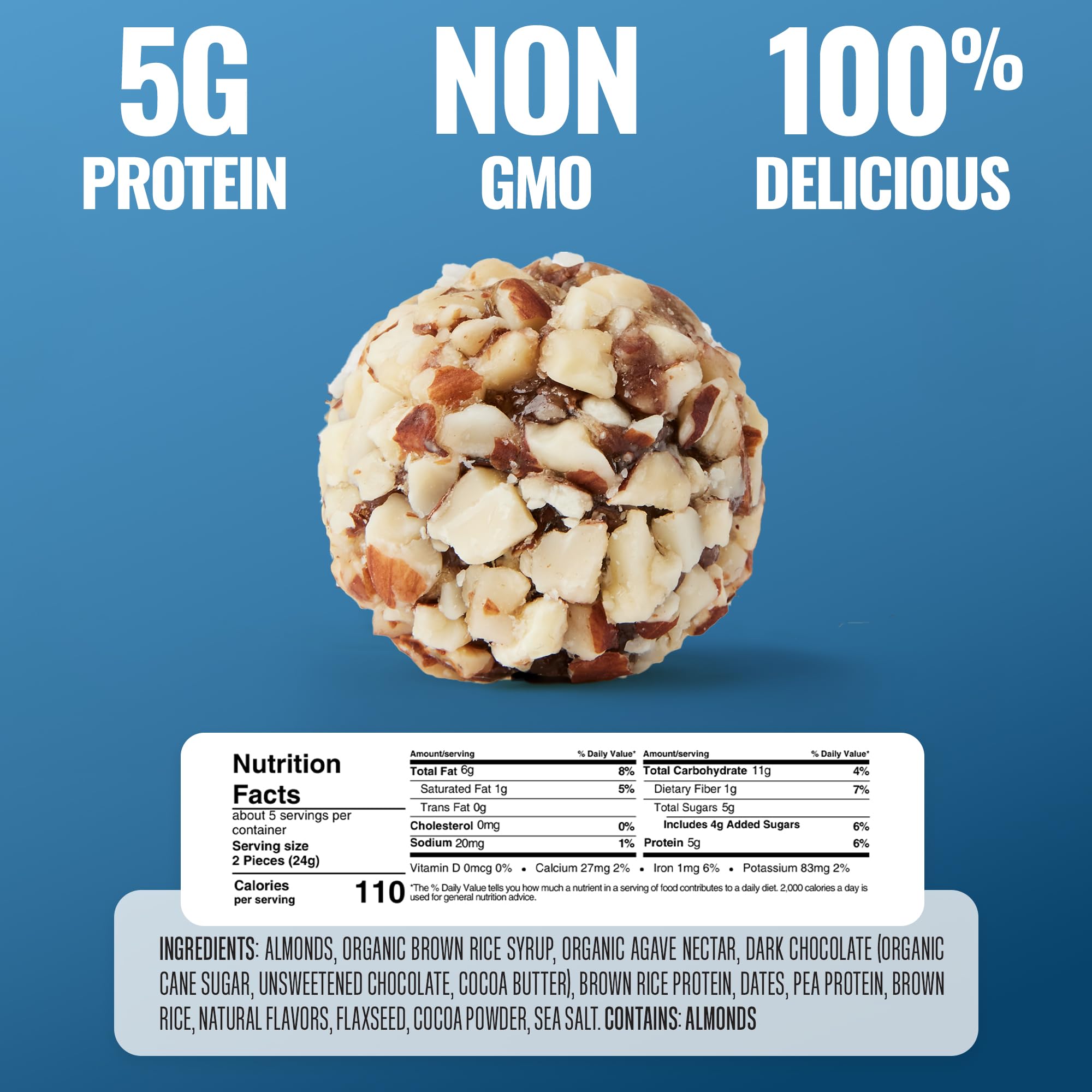 GFB Dark Chocolate Almond Protein Bites - Gluten Free, Vegan, Plant-Based, Non-GMO, Sustainably Made - Healthy Protein Energy Snacks, 4oz (6 Count) - Perfect for Post-Workout, On-the-Go & Keto Diet