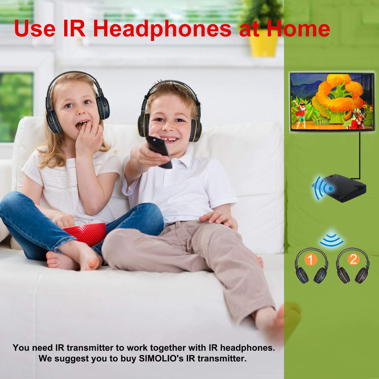 SIMOLIO 4 Pack Kids Headphones for Car - Adjustable 3-Level Volume Limiting, Wireless IR Headphones for DVD Players, 2 Channel Infrared Headsets for Vehicle Entertainment - Perfect for Road Trips & Family Travel