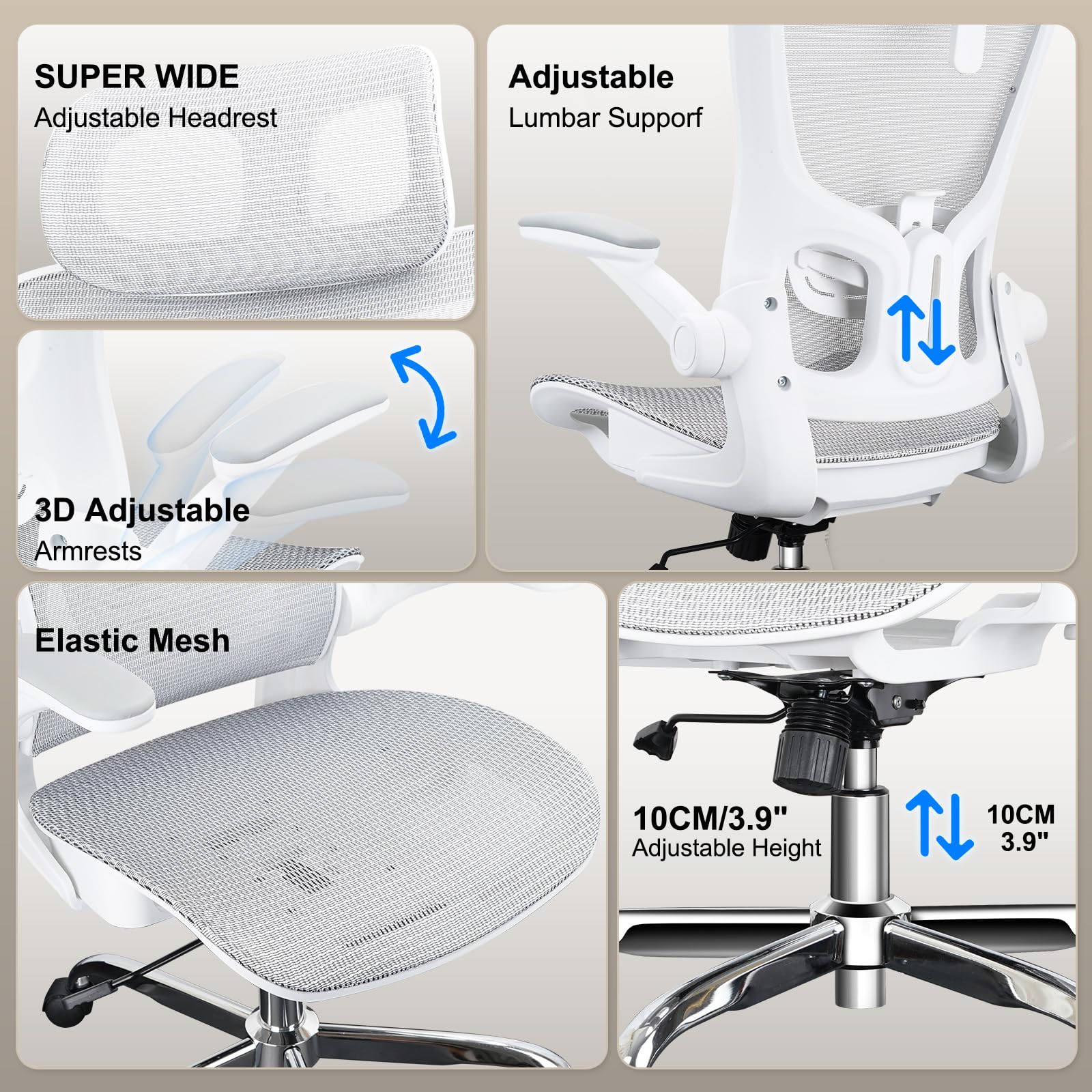 Ergonomic Office & Gaming Chair with Adjustable Lumbar Support, Headrest & Armrests - Height Adjustable Swivel Desk Chair with Wheels, Seat Depth & Tilt Function - Perfect for Home Office, Gaming & Workspace (White)