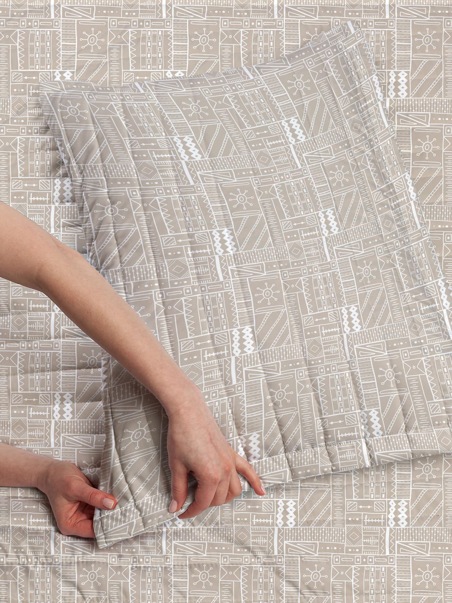 Ambesonne Traditional Microfiber Bedspread Set - Neutral Tribal Sun & Wave Pattern Ethnic Design, Soft Twin Size Bedding with Pillow Sham & Comforter in Pale Sepia/White | Perfect for Boho Bedroom Decor, Guest Rooms & Cozy Home Styling