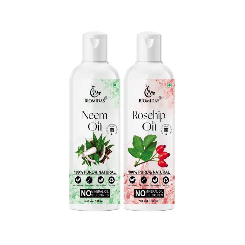 Biomidas 100% Pure Neem Oil & Rosehip Oil Combo (100ML Each) - Promotes Rapid Hair Growth, Reduces Hair Fall, Repairs Split Ends for Softer & Shinier Hair - Perfect for Daily Hair Care & Scalp Treatment (Pack of 2)