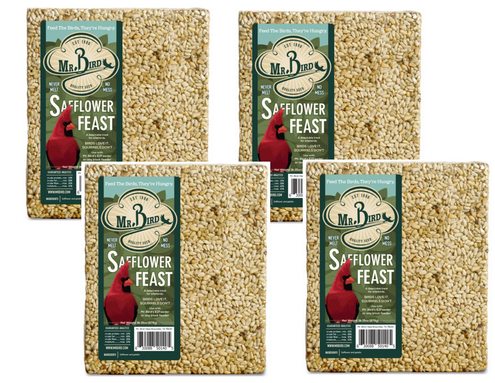 Mr. Bird 4-Pack Safflower Feast Large Wild Bird Seed Cake - 1 lb. 15 oz. - Premium Bird Food for Cardinals, Finches & Wild Birds - Perfect for Backyard Bird Feeders & Nature Lovers