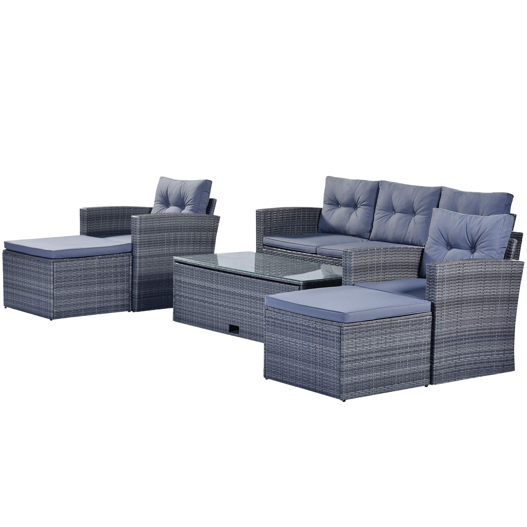 Polibi 6-Piece All-Weather Grey PE Rattan Patio Furniture Set - Outdoor Wicker Sofa Set with Coffee Table, 3-Seater Couch, 2 Chairs, 2 Ottomans & Removable Light Gray Cushions - Perfect for Garden, Poolside, Backyard & Balcony Relaxation