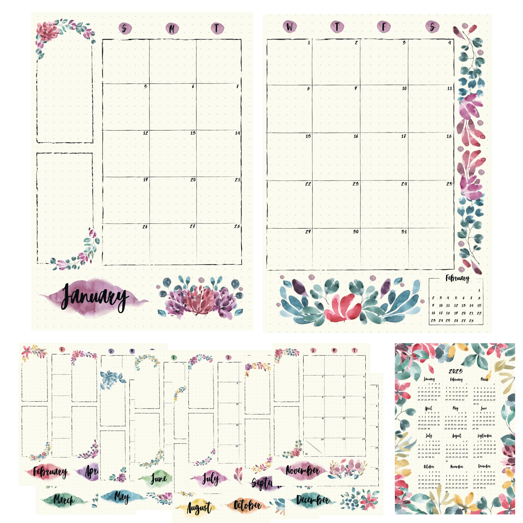 2025 Monthly Planner Stickers for A5 Bullet Journals - 12-Month Floral Design Calendar Stickers (5.3