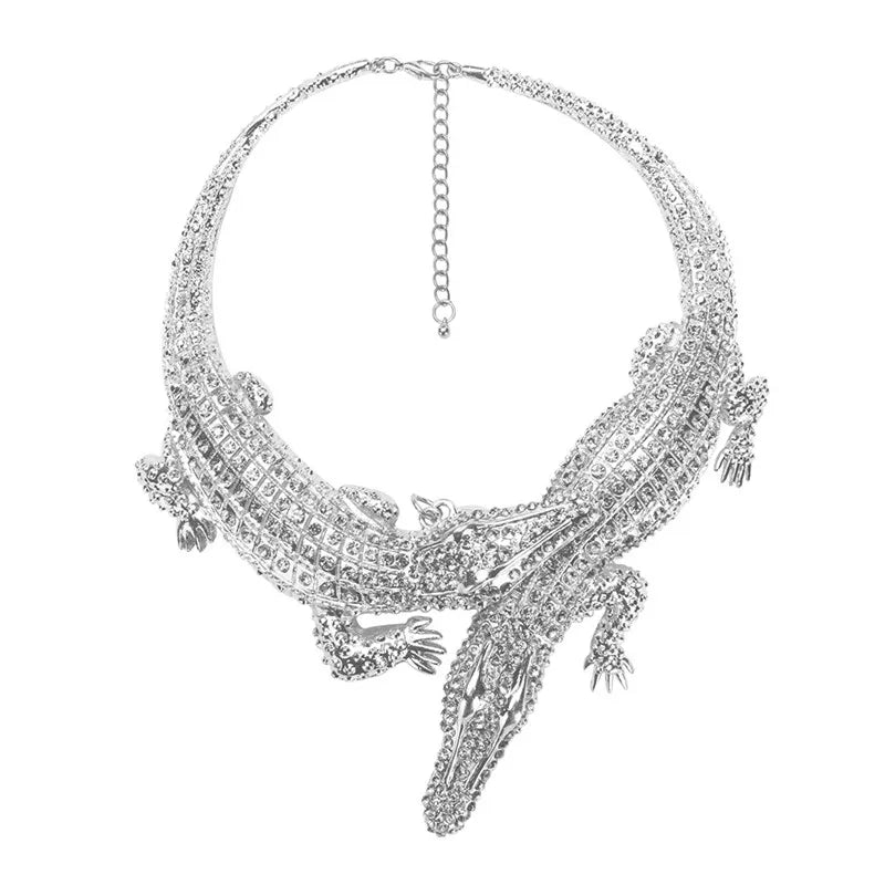 Exaggerated Punk Crystal Crocodile Necklace for Women - Trendy Statement Collar Jewelry with Full Rhinestones - Perfect for Gothic Fashion, Night Out, and Punk Style Accessories