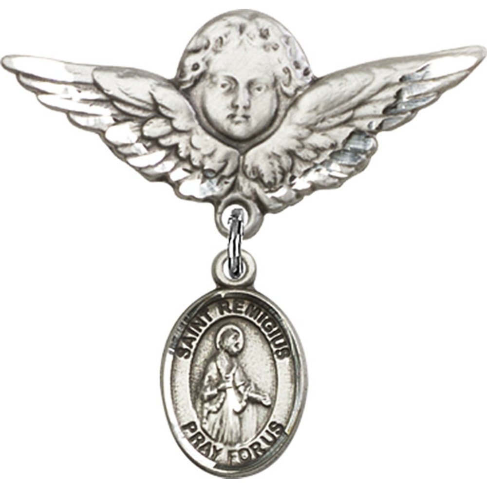 Sterling Silver Baby Badge Pin - St. Remigius of Reims Charm & Angel Wing Pendant - Perfect for Christening Gifts, Baptism Jewelry & Baby Blessing Ceremonies