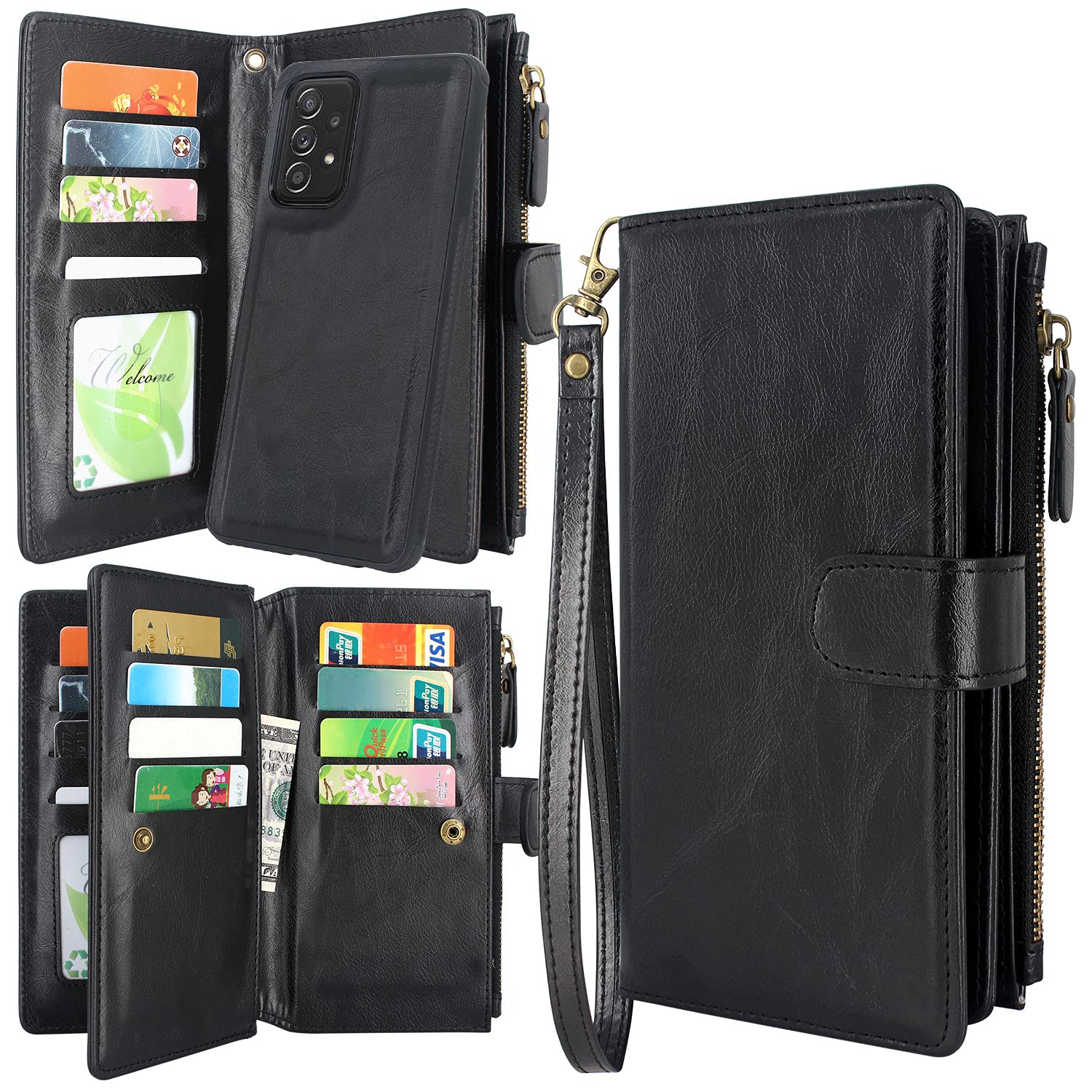 Harryshell Detachable Magnetic Zipper Wallet Case for Samsung Galaxy A52 5G (2021) - Leather Phone Cover with 12 Card Slots, Cash Pocket & Wrist Strap (Black) | Perfect for Travel, Shopping & Everyday Use