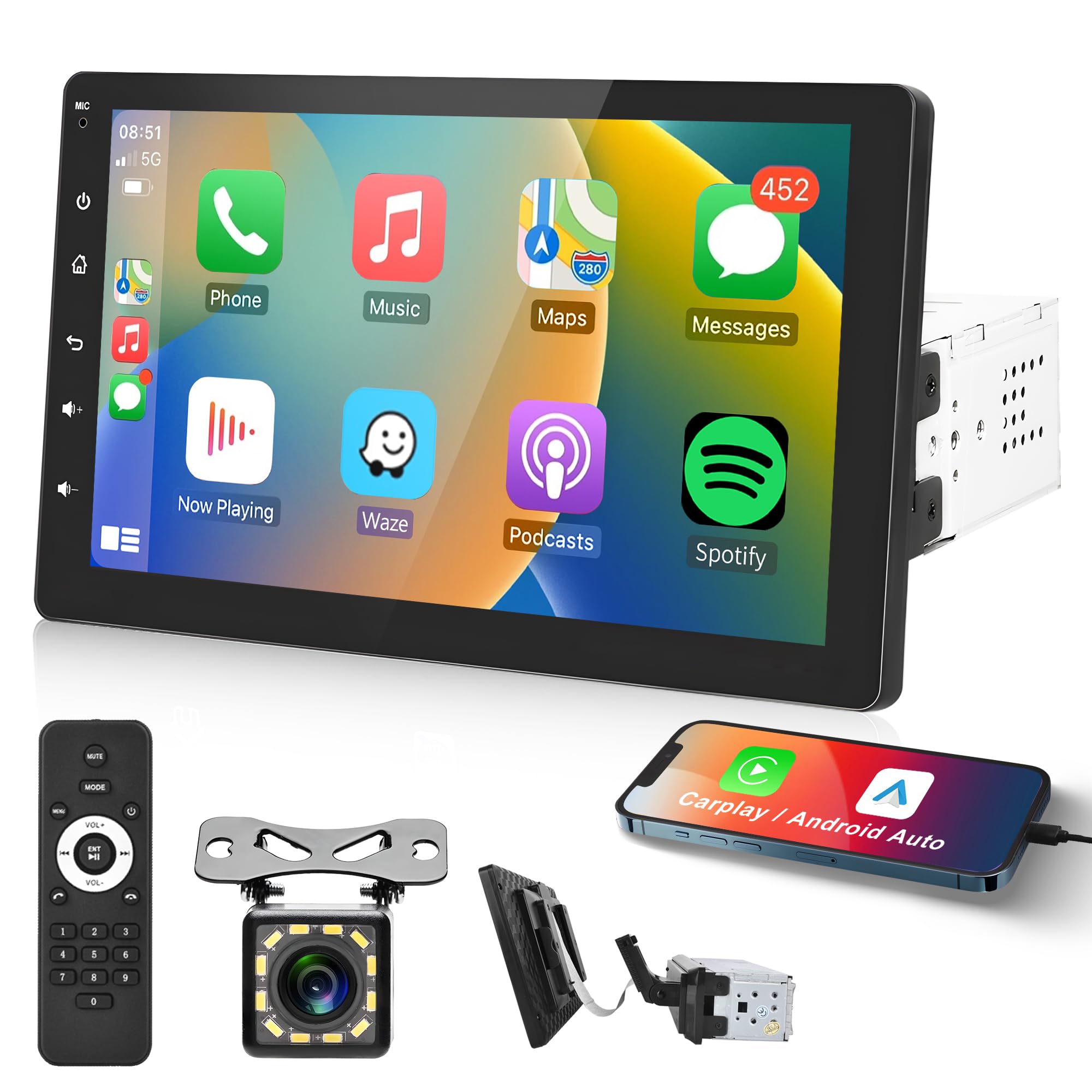 1 Din CarPlay Android Auto Bluetooth Car Stereo - 9