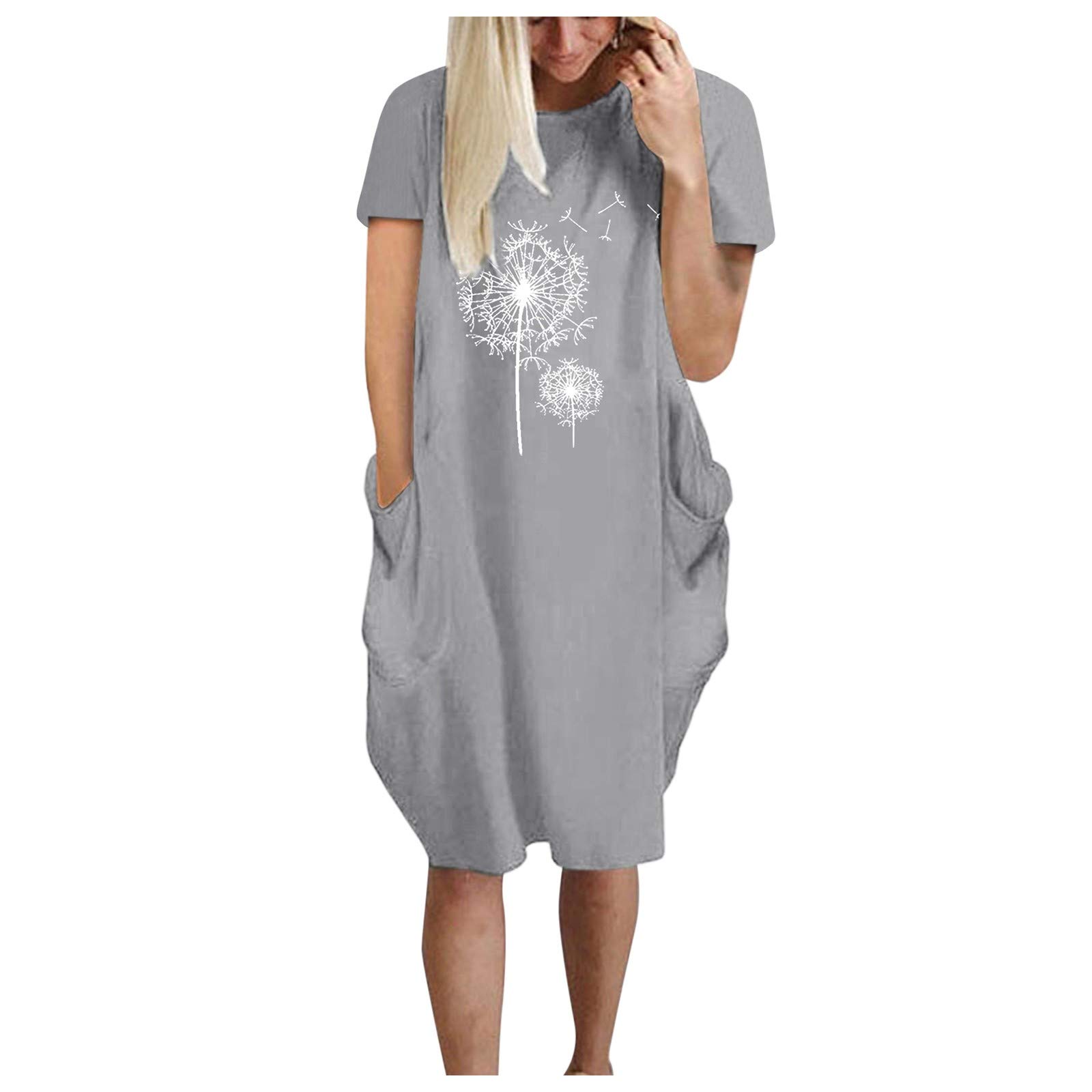 FRETRG Women's Summer Casual Loose Fit Printed Short Sleeve Dress with Round Neck & Pockets - Plus Size Flowy Maxi Dress for Beach, Vacation & Daily Wear