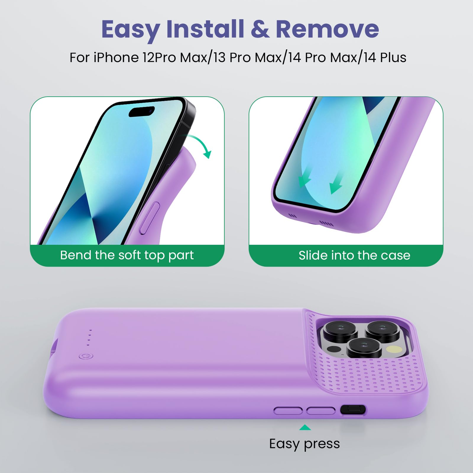 HETP 8600mAh Rechargeable Battery Case for iPhone 12 Pro Max/13 Pro Max/14 Pro Max/14 Plus - Portable External Charger, Extended Battery Life - Purple | Perfect for Travel, Outdoor Activities & Daily Use