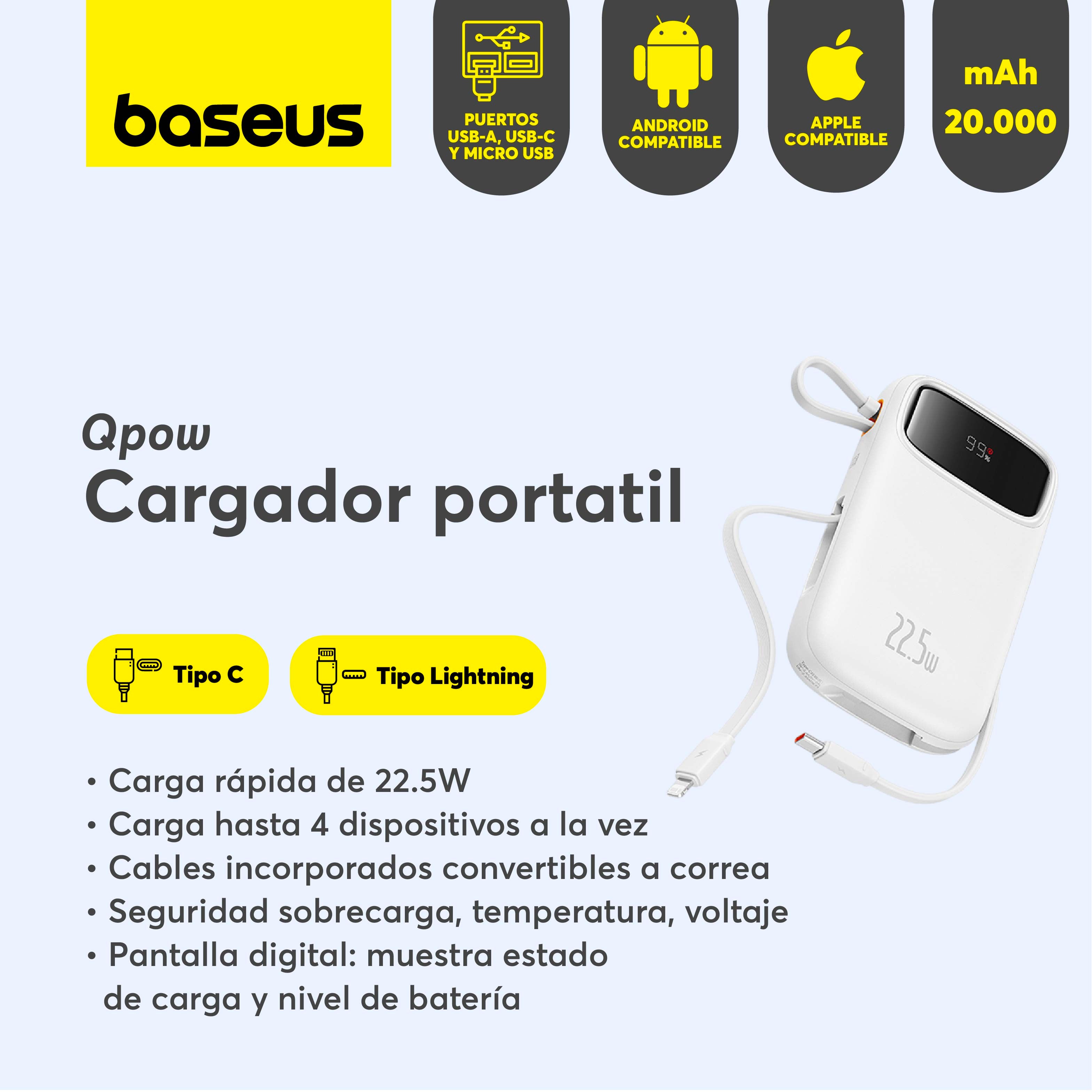 Baseus Qpow2 20000mAh Power Bank with Digital Display - 22.5W Fast Charging, Includes Lightning & Type-C Cables (White) - Perfect for Travel, Camping & Emergency Charging
