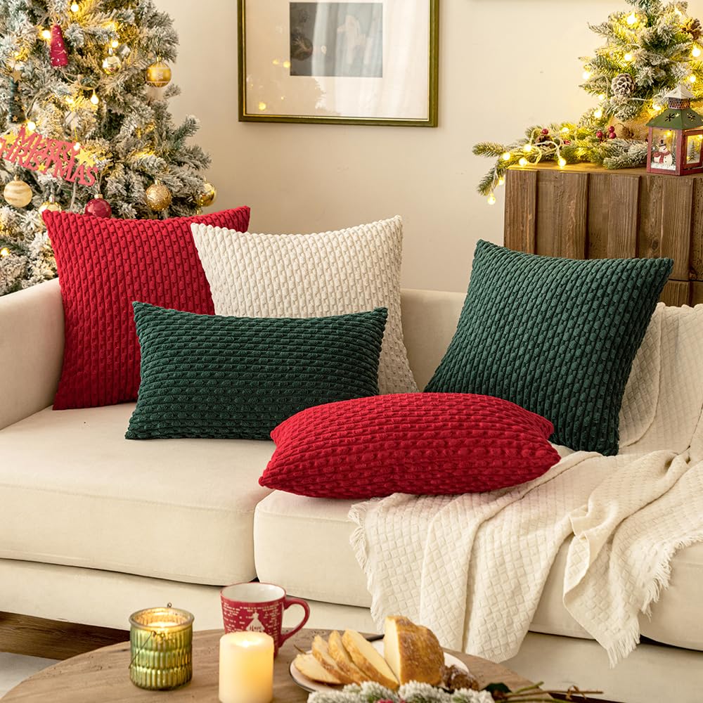 MIULEE Soft Corduroy Boho Striped Throw Pillow Covers Set of 2 - 18x18 Inch Cream White Decorative Pillow Cases for Couch, Sofa, Bed & Living Room - Farmhouse Home Decor Perfect for Spring Refresh & Cozy Comfort