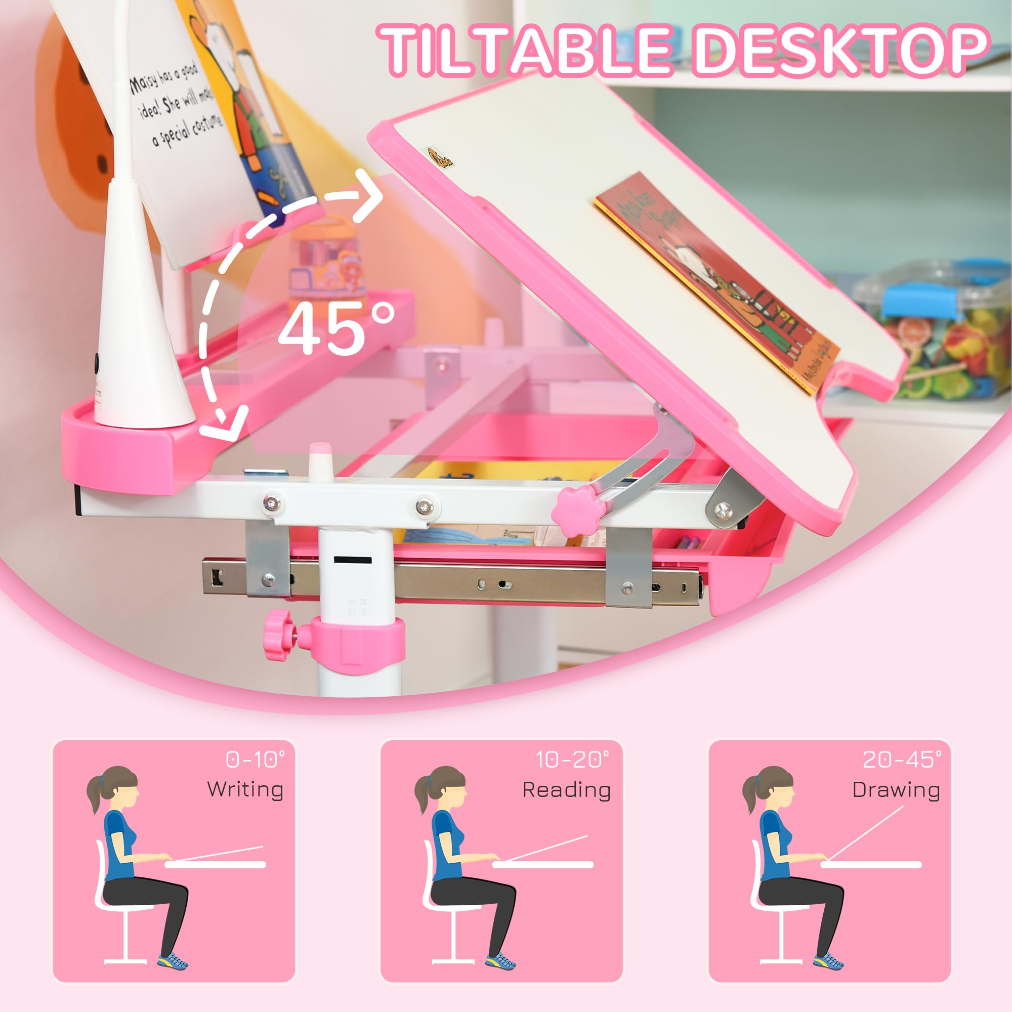 Qaba Adjustable Kids Desk and Chair Set with Tilt Desktop, USB Light & Storage Drawer - Ergonomic Study Table for Children, Perfect for Homework, Drawing, Crafts & Online Learning (Pink & White)